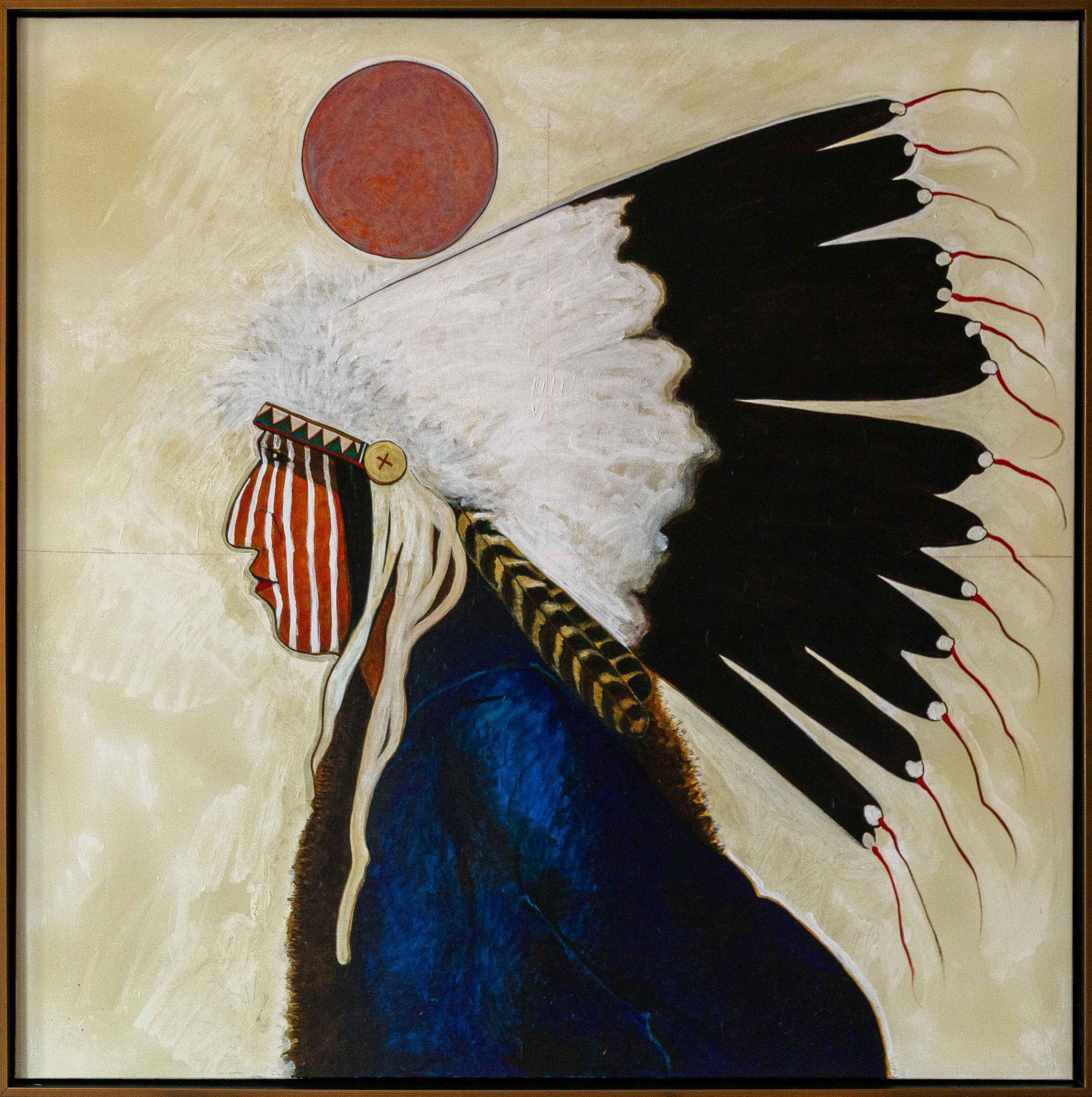 "Morning Fog" de Kevin Red Star. Cette peinture représente un chef aîné Crow. C'était un dirigeant apprécié et bienveillant, connu pour sa bravoure. Acrylique, techniques mixtes sur toile, 48" x 48", 51" x 51" (encadré).
L'art de Kevin Red Star est