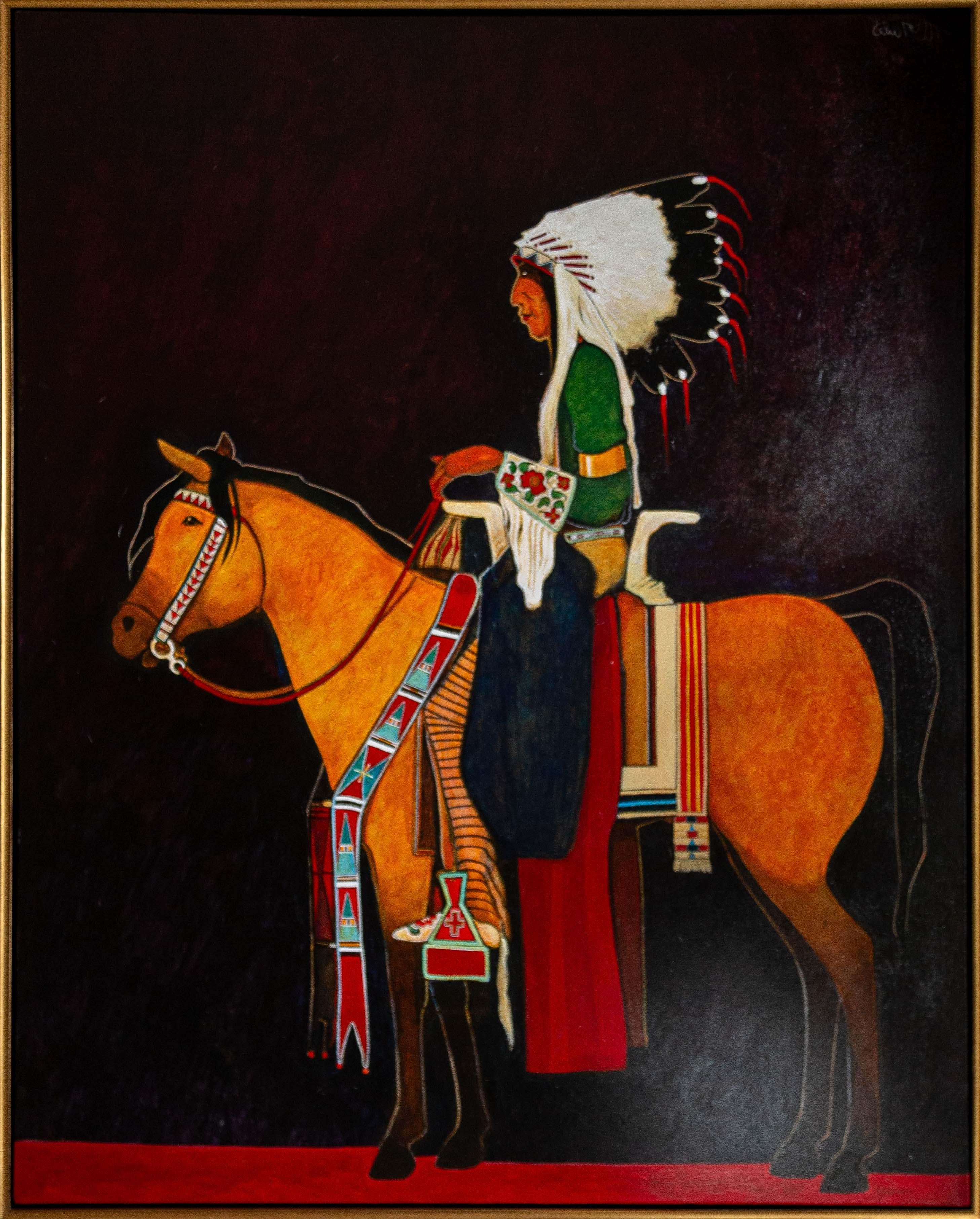 "Shows Little on Parade Horse on the Red Road" by Kevin Red Star. He is a Crow Elder that teaches the young ones to parade. Acrylic, Mixed Media on Canvas, 60" x 48", 63" x 51" (framed).
Kevin Red Star’s art is honored throughout Native America for