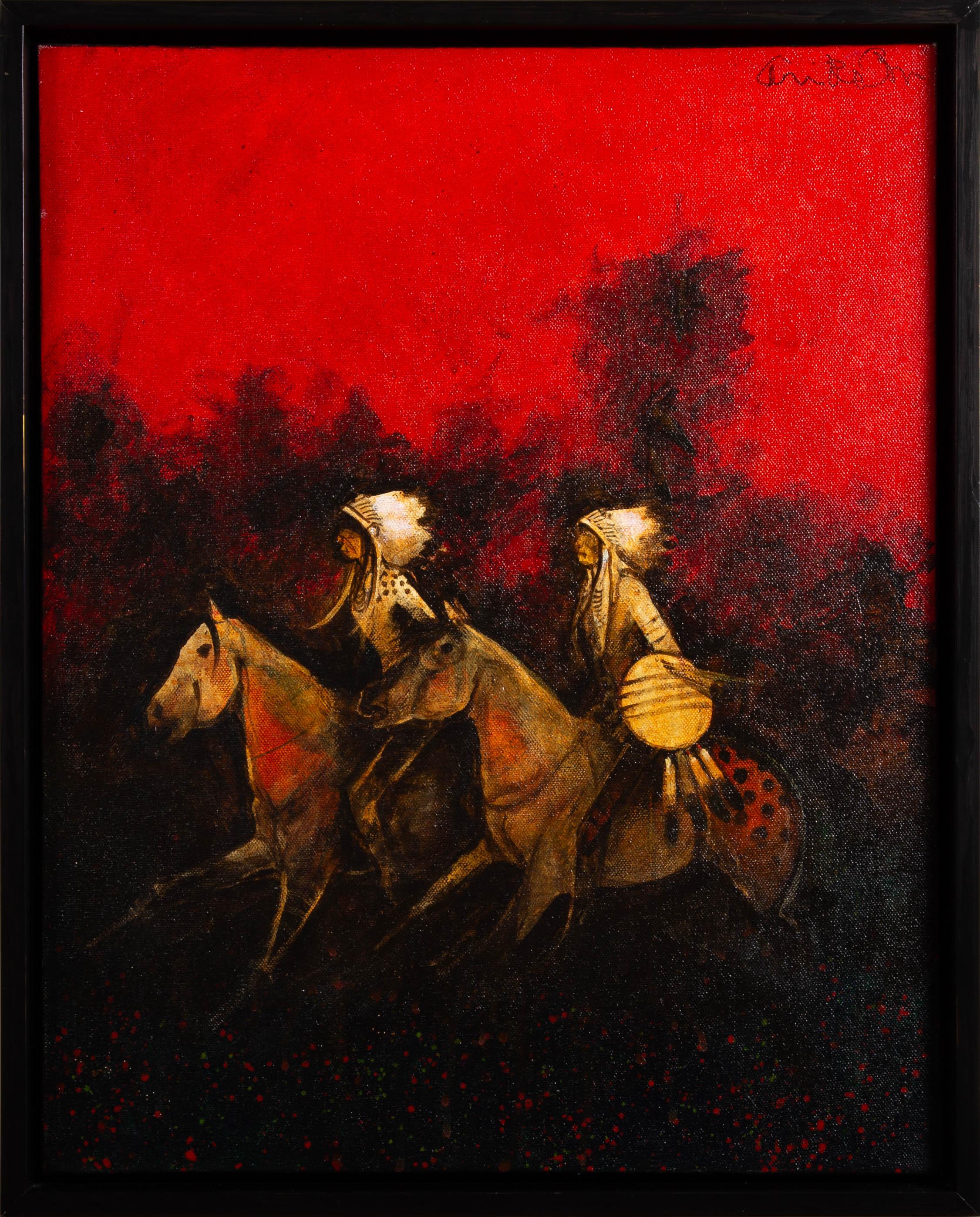 "Small War Party - Study" by Kevin Red Star. These are Scouts that stay fairly close to camp watching over the people. Acrylic, Mixed Media on Canvas, 20" x 16", 23" x 19" (framed in a deep floater). Signed upper right. Comes ready to hang with
