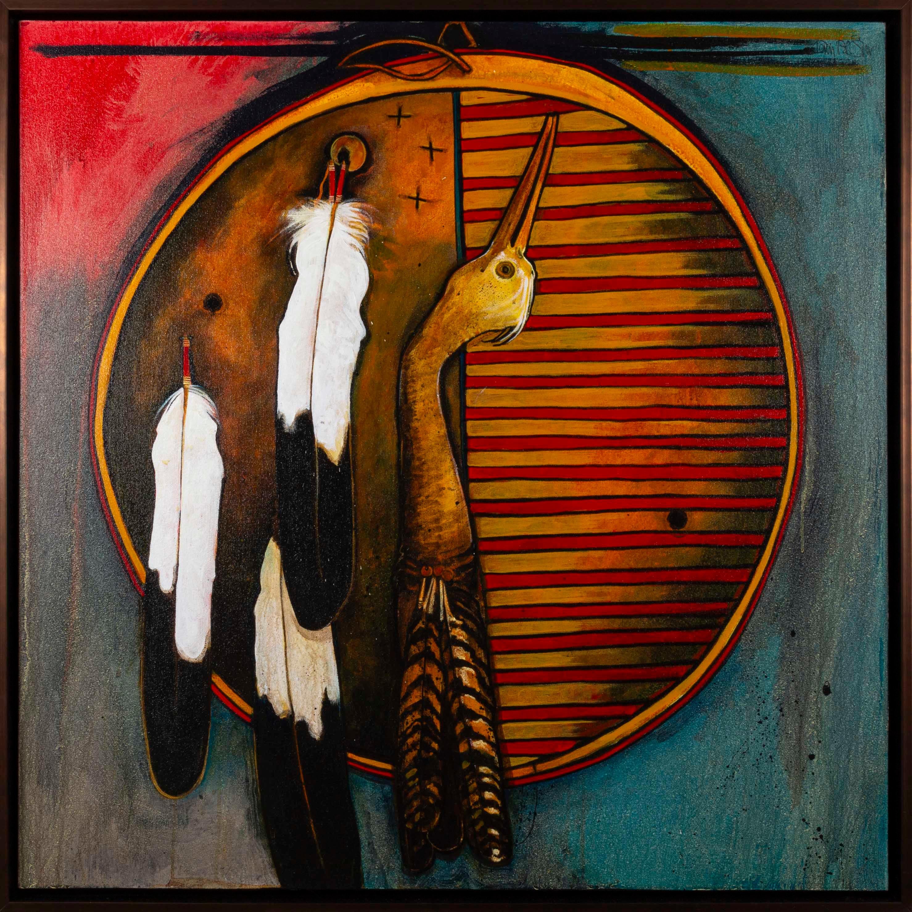 Sunset Crane Shield Original Kevin Red Star Crow Indian Native American Painting