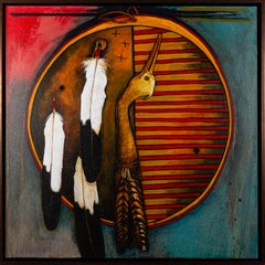 Coucher de soleil Crane Bouclier Original Kevin Red Star Crow Indian Native American Painting