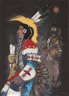 Vintage Crow Dancers at Midnight, Signed Serigraph by Kevin Red Star