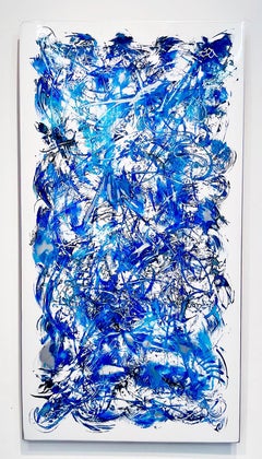 "Blue Jay 2", Colorful Abstract Painting on Carved Aluminum Panel