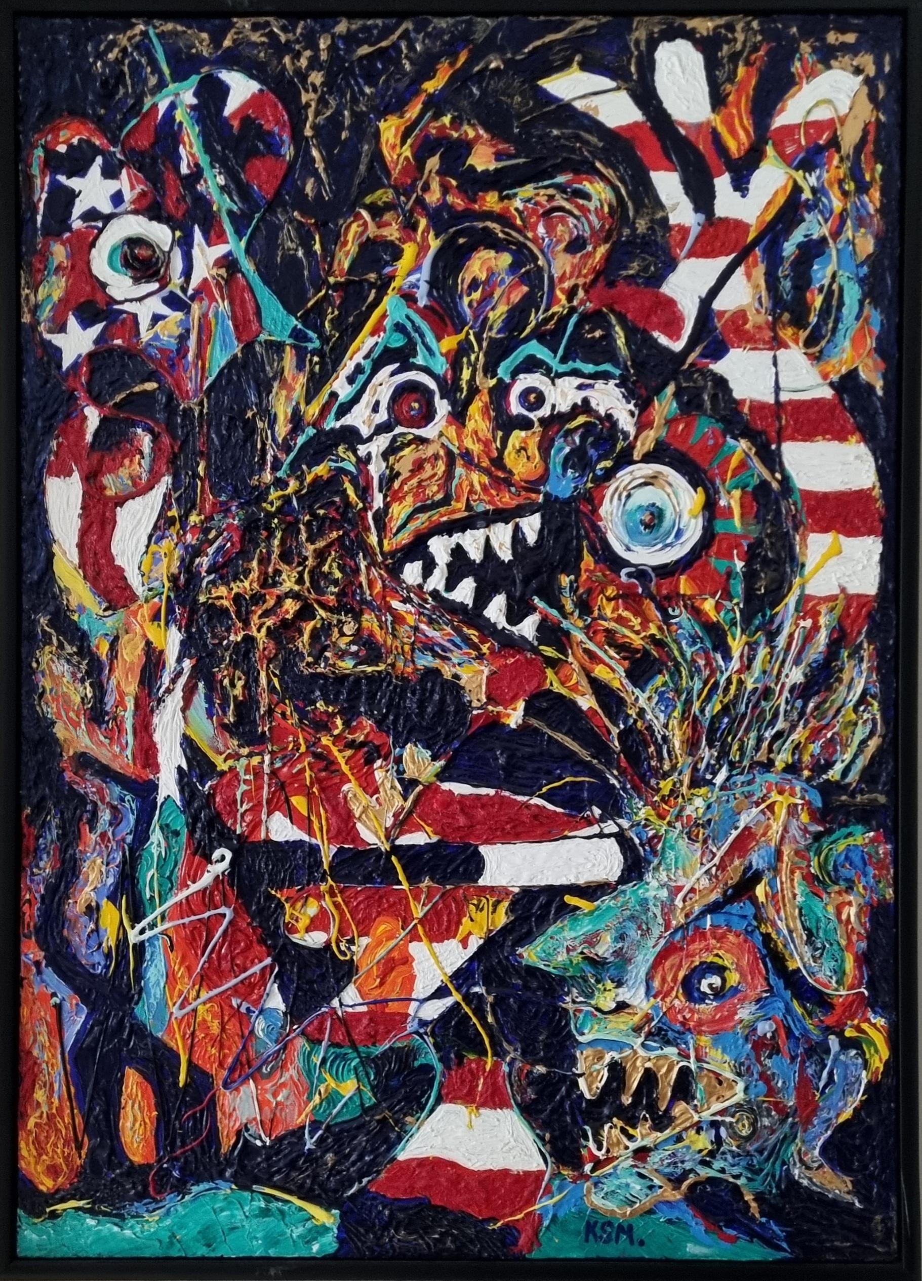 Abstract Painting , Shadows in the Flag , acrylic on canvas

Contorted figures set against the back drop of a burning Stars and Stripes . Representing Lies & corruption within government that is laid bare in this frenzied painting .



Sold with a