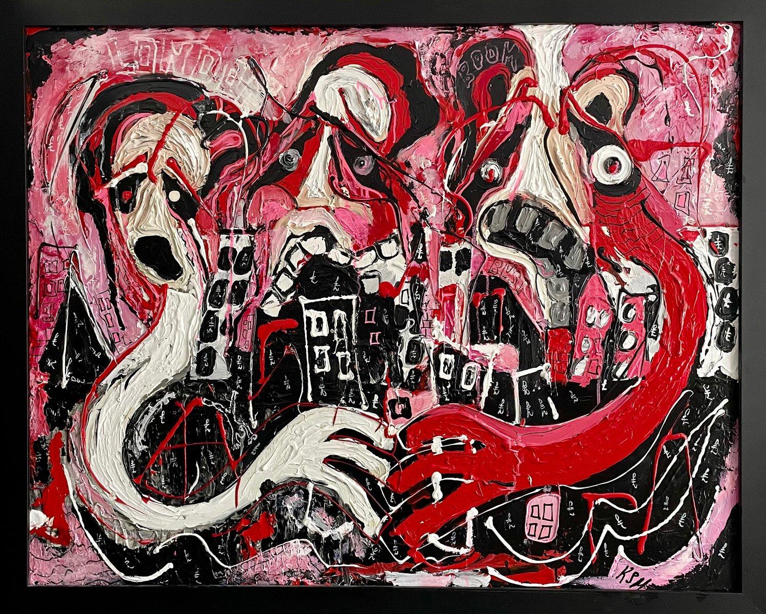 Pintura neoexpresionista de Samuel Murphy "Los 3 agentes inmobiliarios"