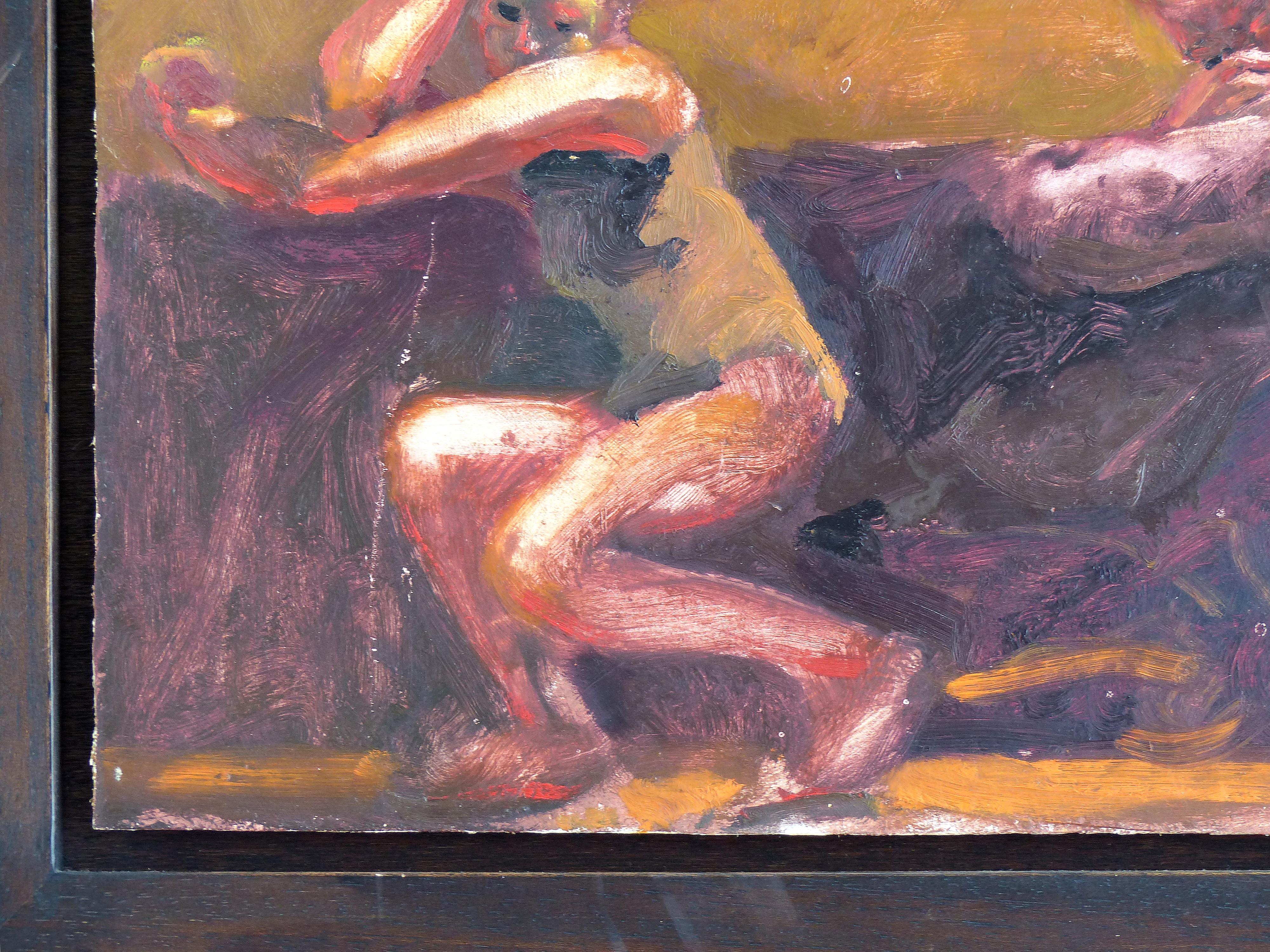 20ième siècle Kevin Sinnott, peinture à l'huile sur panneau de bois intitulée « Study for a Disco Dancer » (Étude pour une danseuse de disco) en vente
