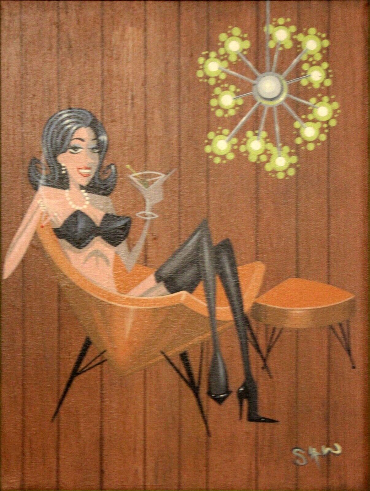 We in Michigan are offering this Classic Mid-Century Modern inspired painting depicting a seductive, martini-drinking, temptress titled 
