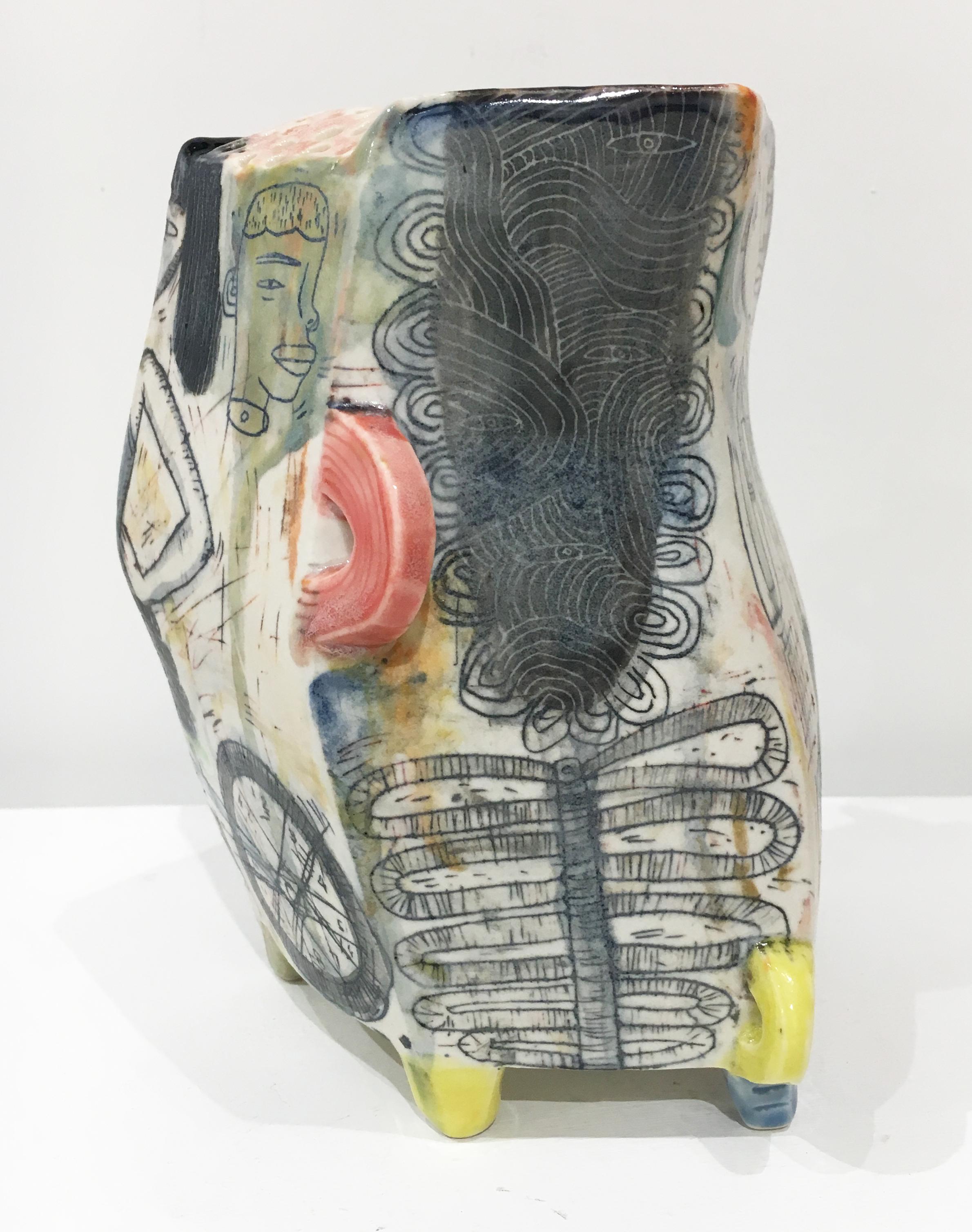 Kevin Snipes creates ceramic vessel forms that act as canvases for self referential narratives that are brought to the viewer through a combination of illustration and symbolism, obscure glyphs, and comical/whimsical motifs. Within the discipline of