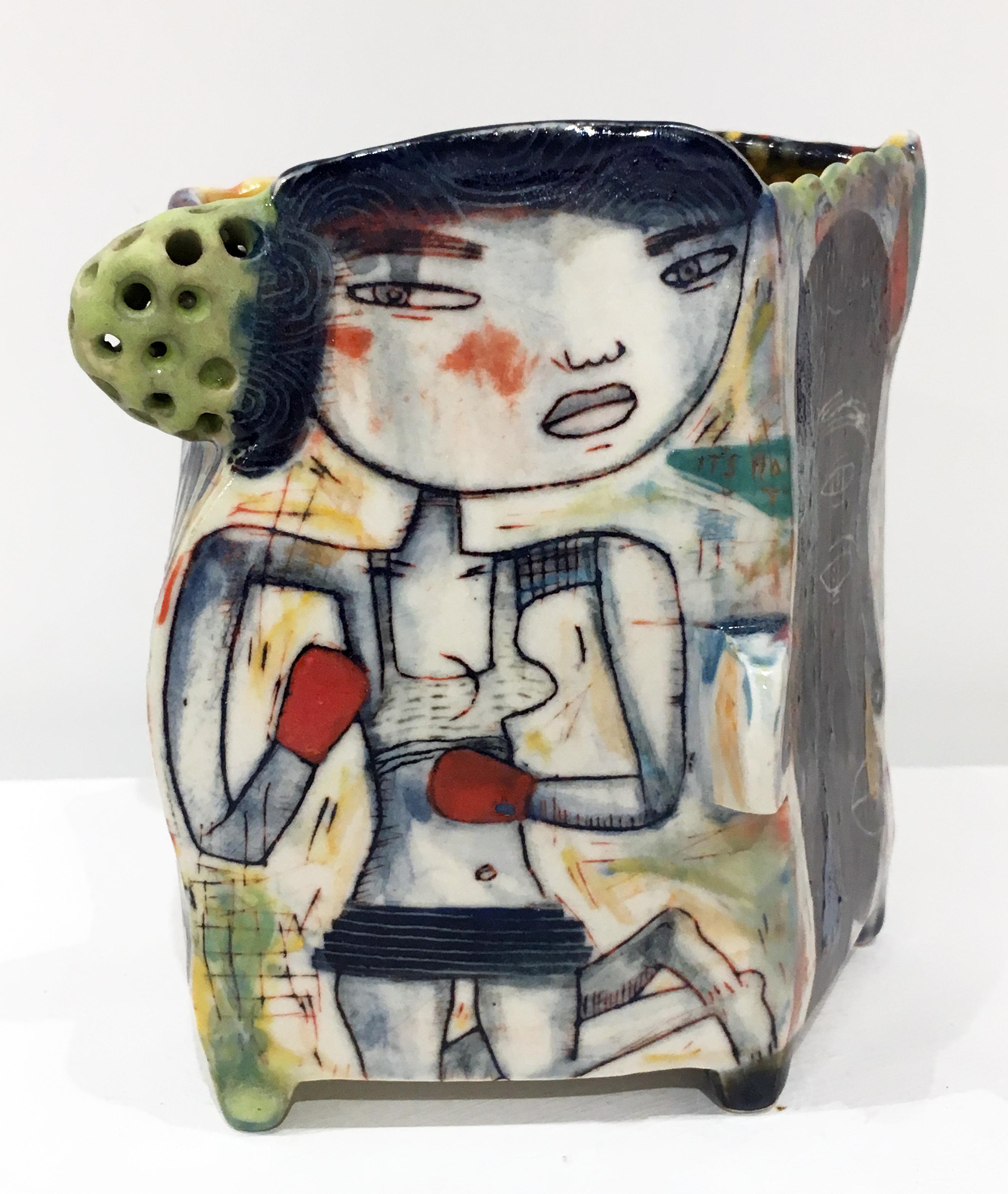 Kevin Snipes Abstract Sculpture - "Knuckle Sandwich" Porcelain Sculpture with Surface Illustration and Underglaze