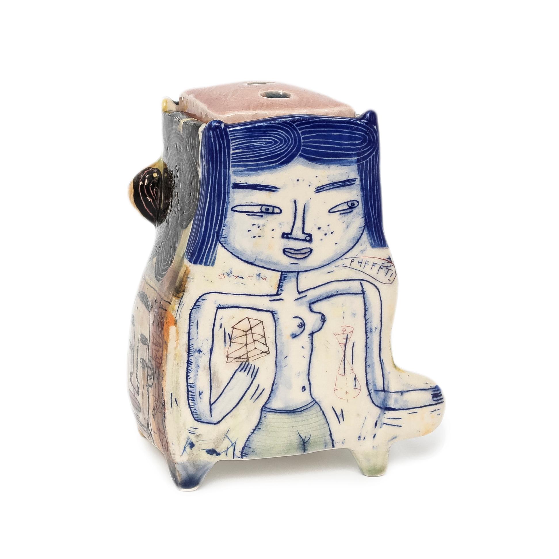 Lidded Vessle (INV# NP2680)
Kevin Snipes
porcelain, glaze, underglaze, oxide wash
6.5 x 5 x 3.25”
circa 2018
signed by artist 
African American artist