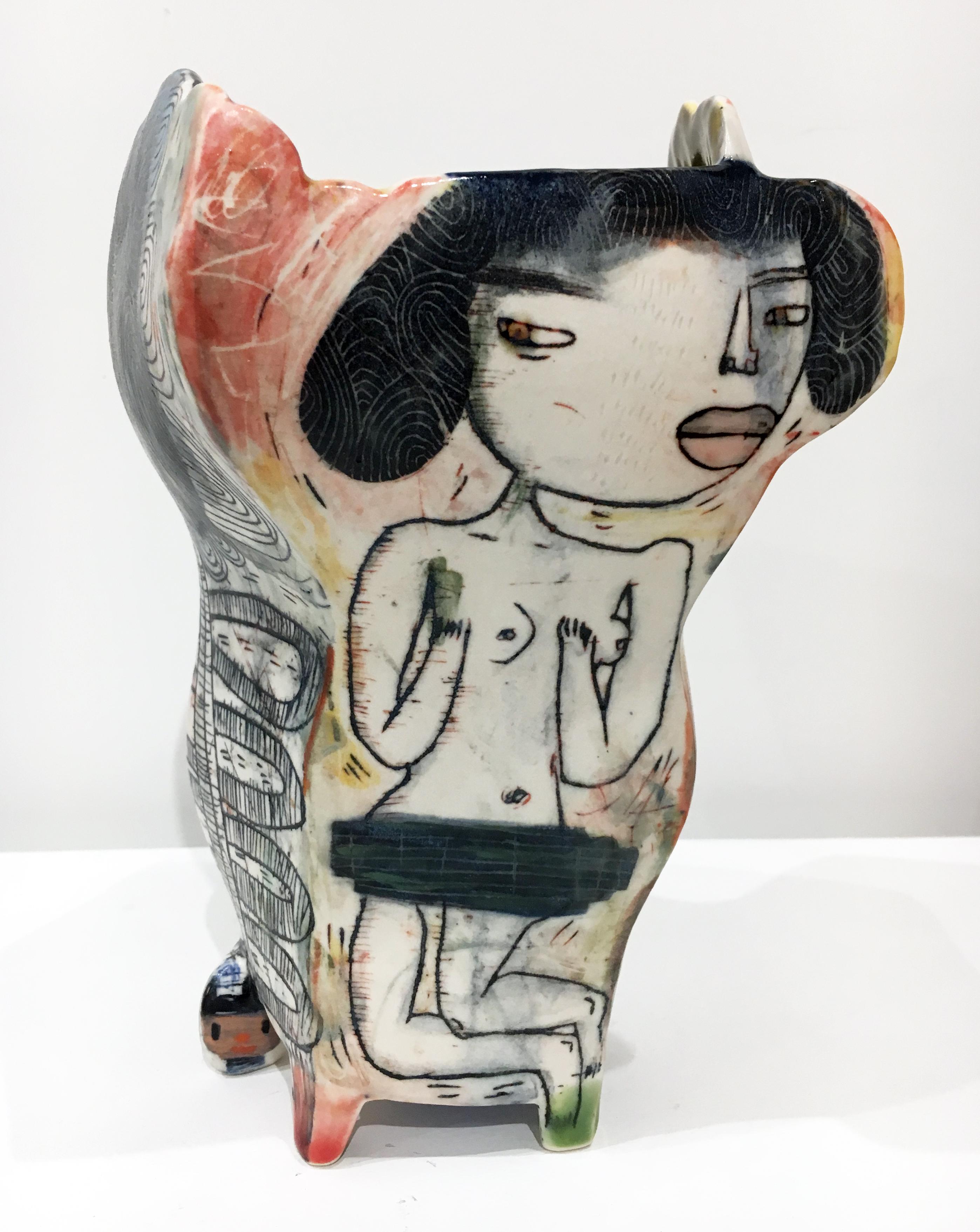 « La vérité nue », sculpture en porcelaine abstraite, illustration de surface, sous glaçure - Contemporain Sculpture par Kevin Snipes