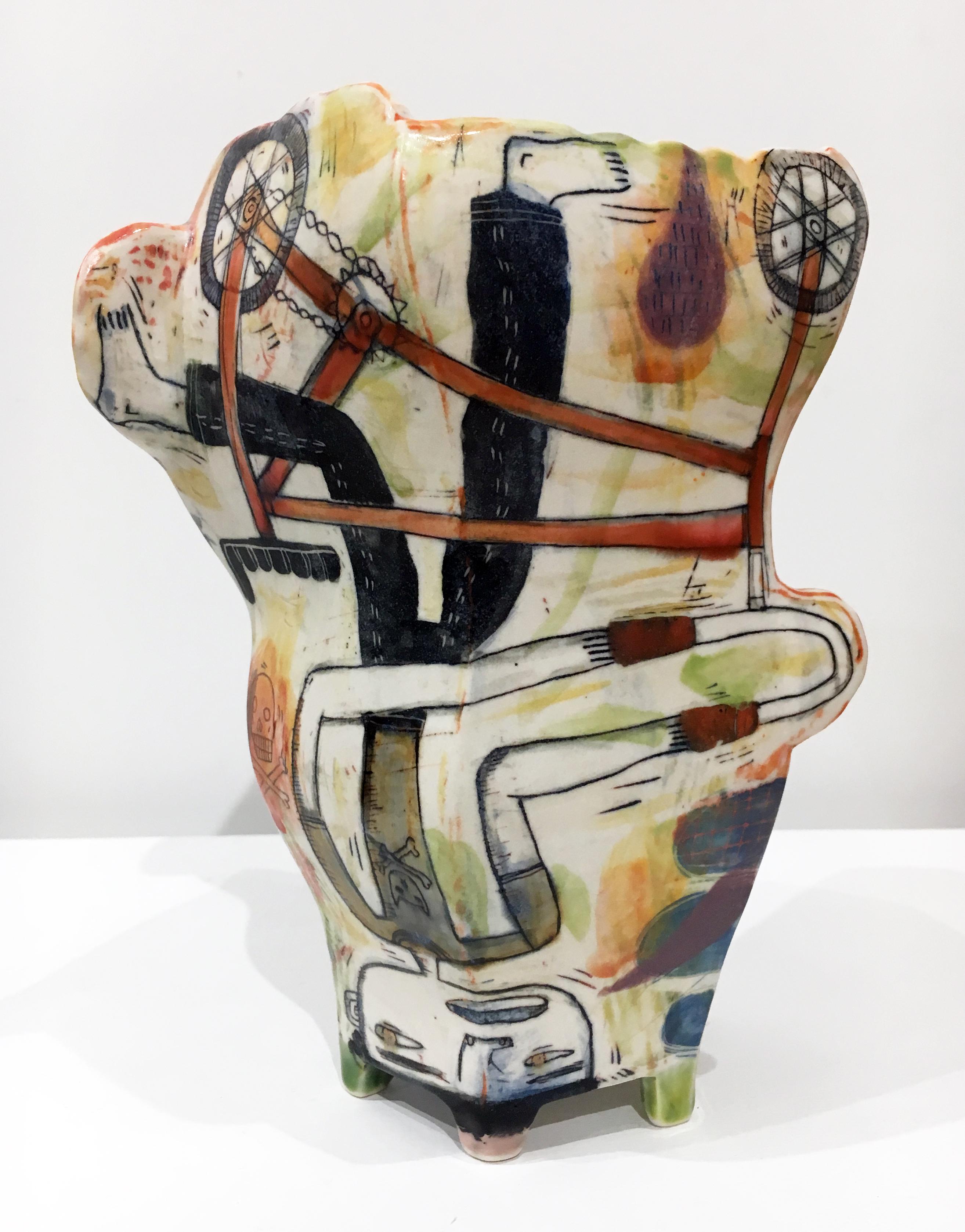 Kevin Snipes creates ceramic vessel forms that act as canvases for self referential narratives that are brought to the viewer through a combination of illustration and symbolism, obscure glyphs, and comical/whimsical motifs. Within the discipline of