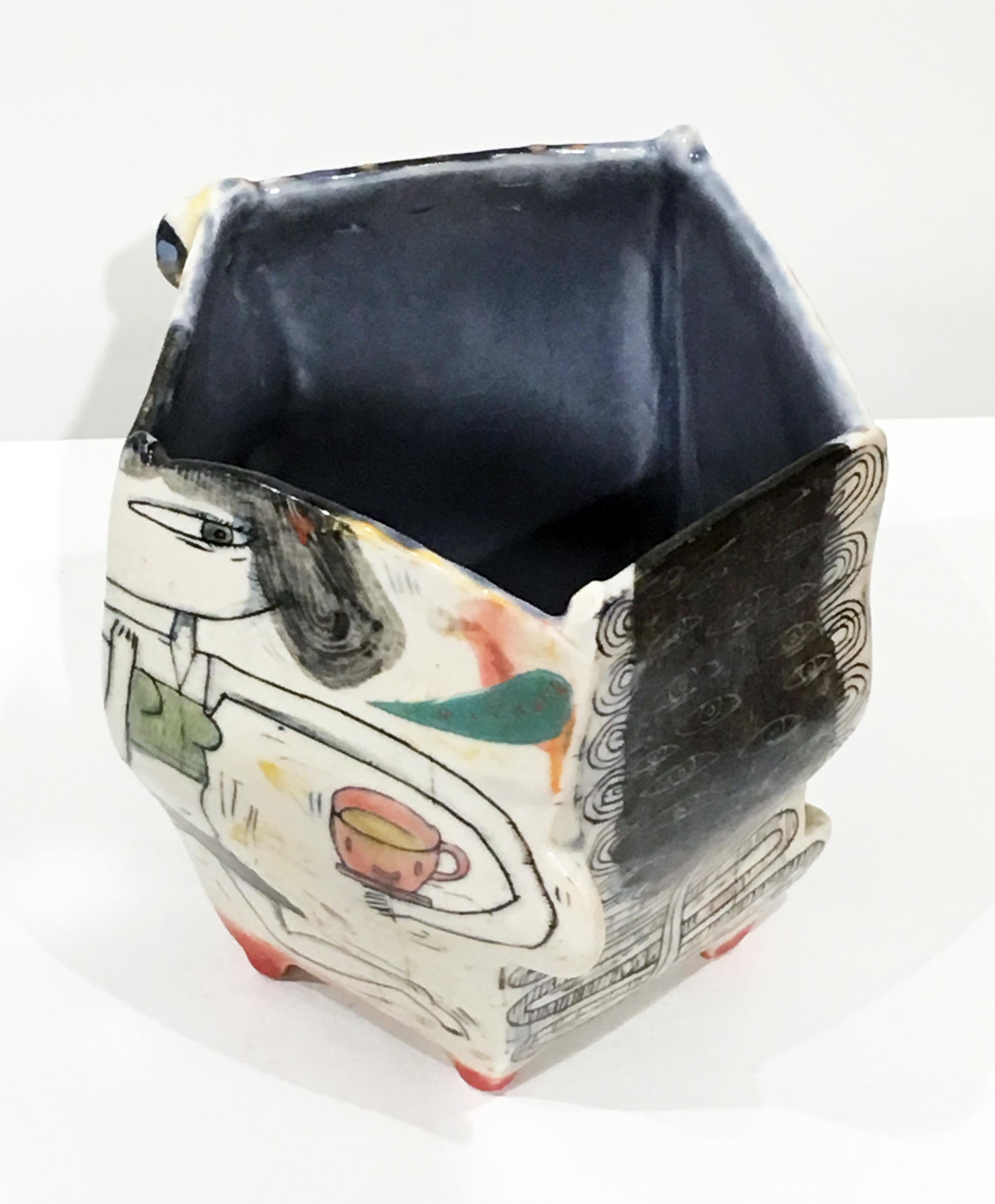 Kevin Snipes creates ceramic vessel forms that act as canvases for self referential narratives that are brought to the viewer through a combination of illustration and symbolism, obscure glyphs, and comical/whimsical motifs. Within the discipline of