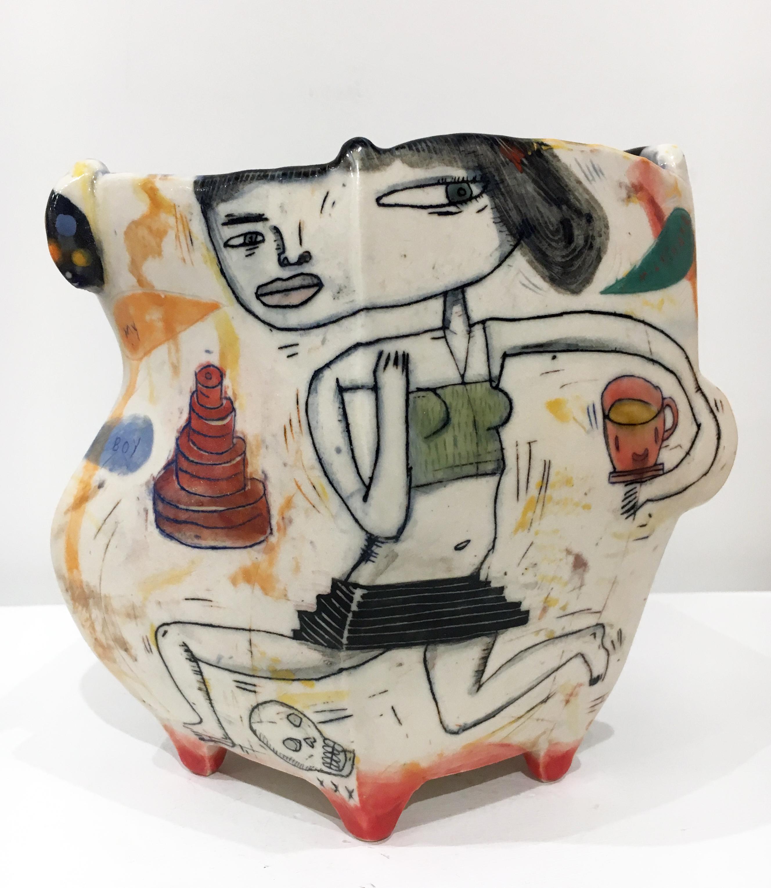 Kevin Snipes Abstract Sculpture - "Piece of Cake", Abstract Porcelain Sculpture with Illustration and Underglaze
