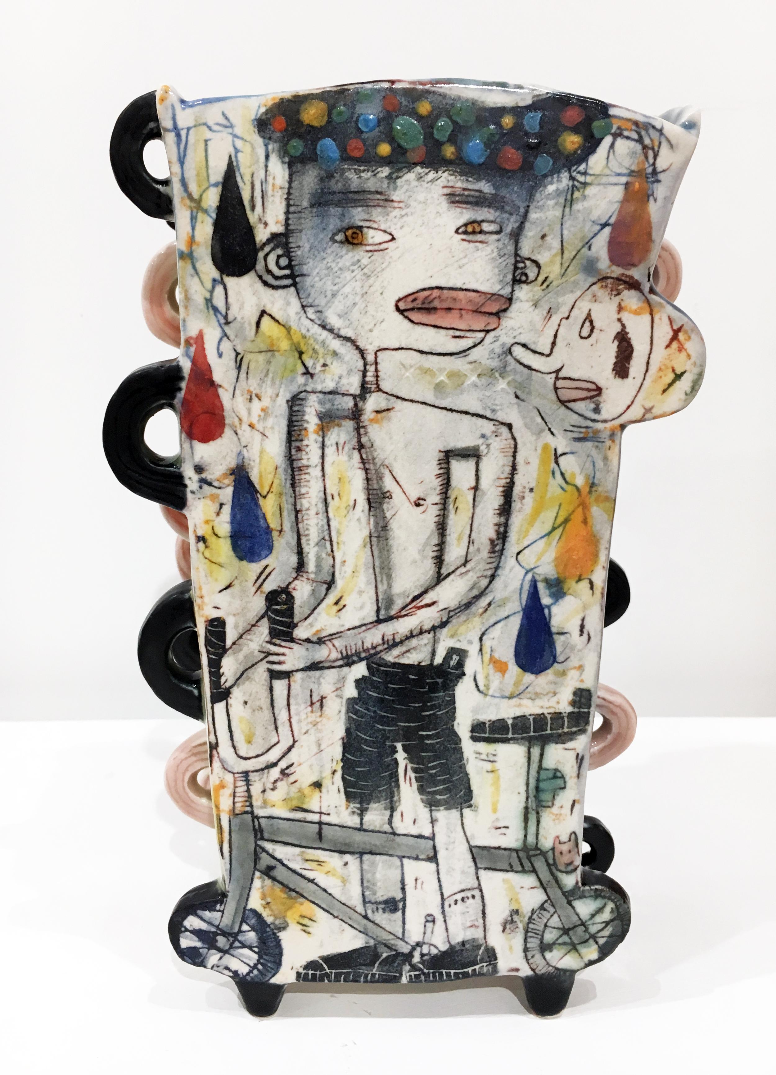 Kevin Snipes Figurative Sculpture - "Rubber Soul", Abstract Porcelain Sculpture, Surface Illustration, Underglaze