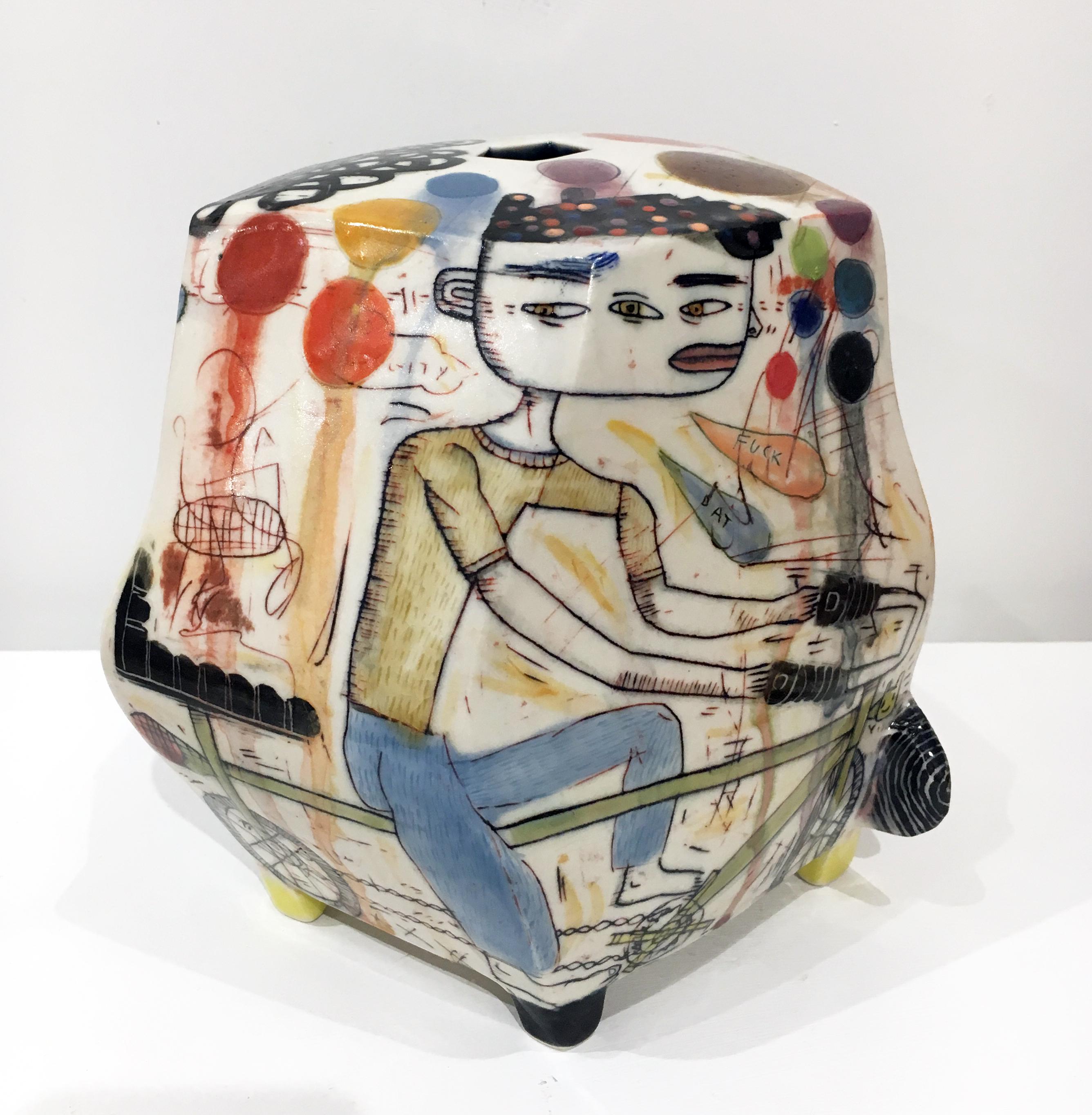 Kevin Snipes Abstract Sculpture - "Sissy Bar", Abstract Porcelain Sculpture with Surface Illustration, Underglaze