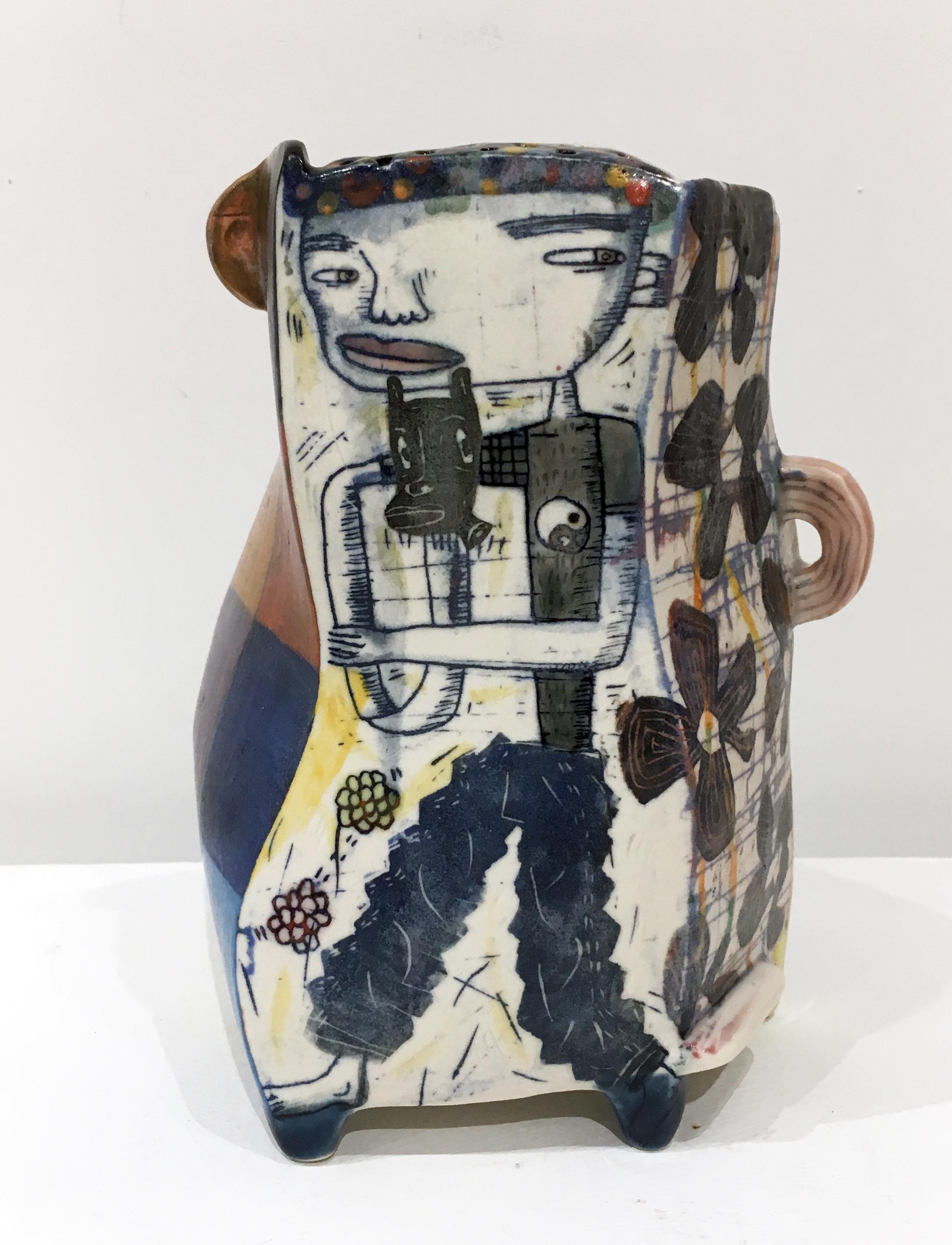 Kevin Snipes Figurative Sculpture - "Super Bad", Abstract Porcelain Sculpture with Surface Illustration and Glaze