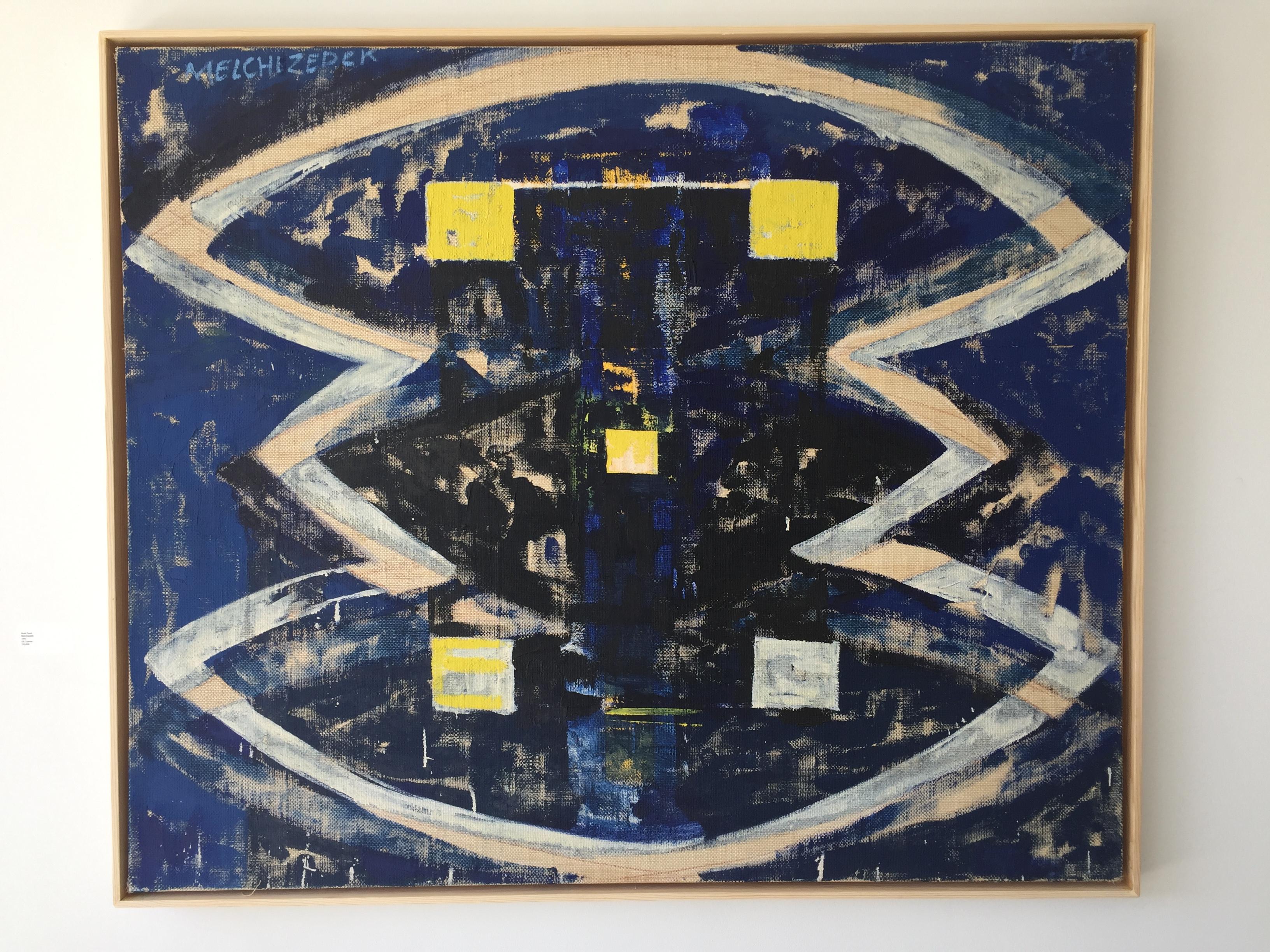 Melchizedek (ABSTRACT BLUE/YELLOW PALETTE, OIL ON CANVAS) - Contemporary Mixed Media Art by Kevin Teare