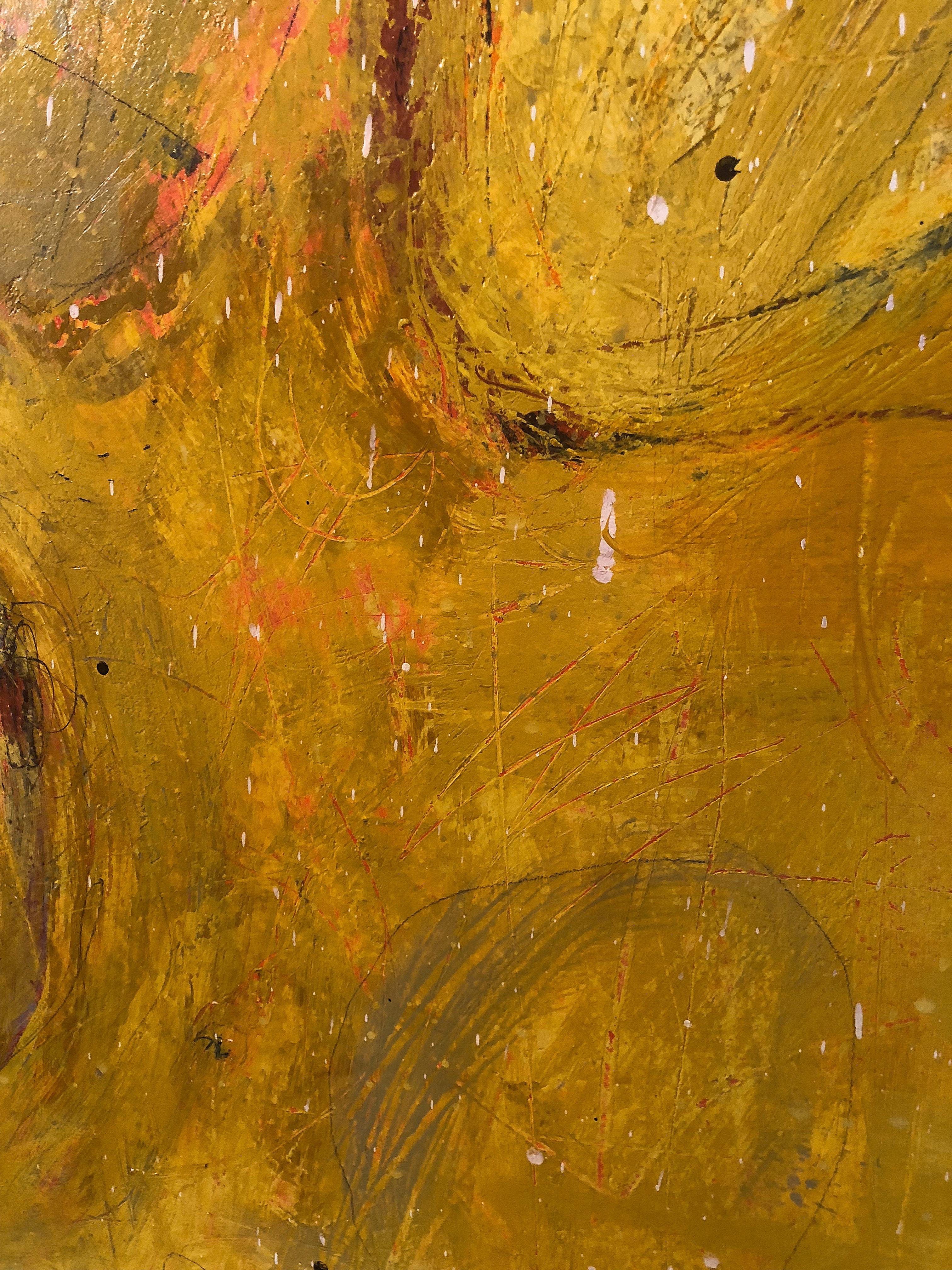 Rendezvous/Without My Reason - Original mixed media on canvas - 60 x 60 in. - Yellow Abstract Painting by Kevin Tolman