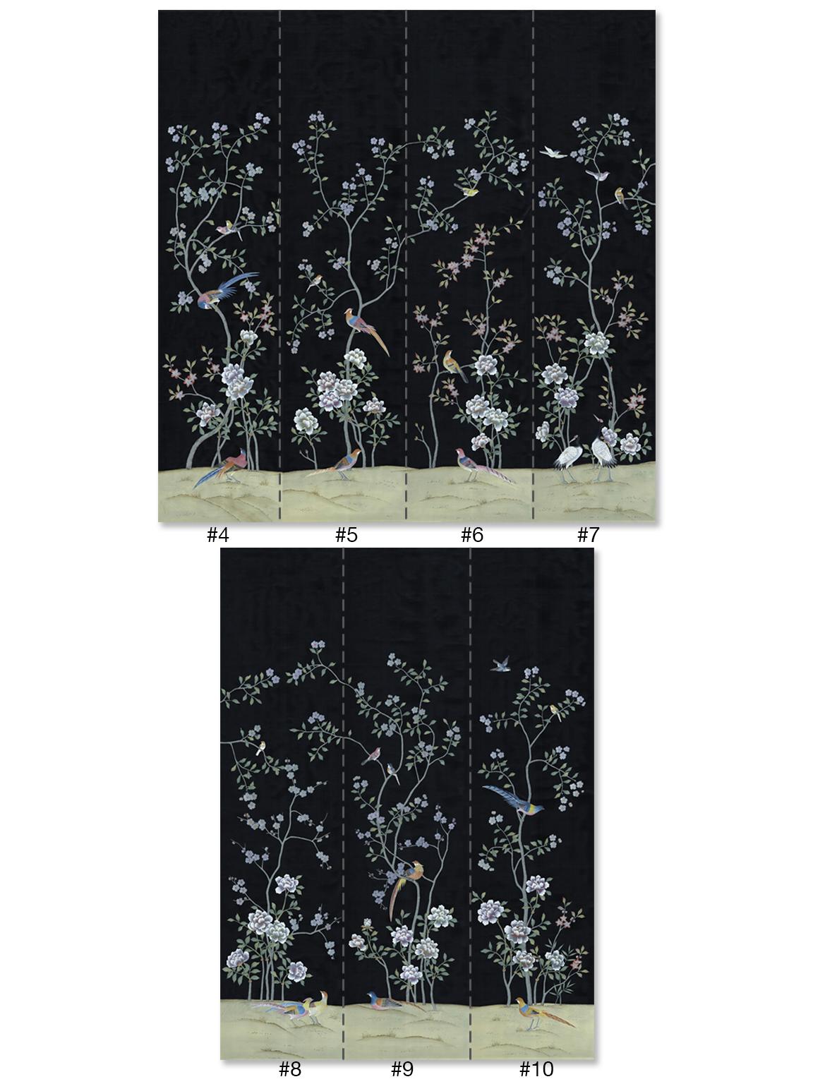 Kew Garden Black est une peinture murale originale composée de plusieurs panneaux. Ce set de Kew Garden contient 7 panneaux consécutifs sur une soie noire exquise. Cette chinoiserie est peinte à la main à une hauteur de 10 pieds sur un papier de 12
