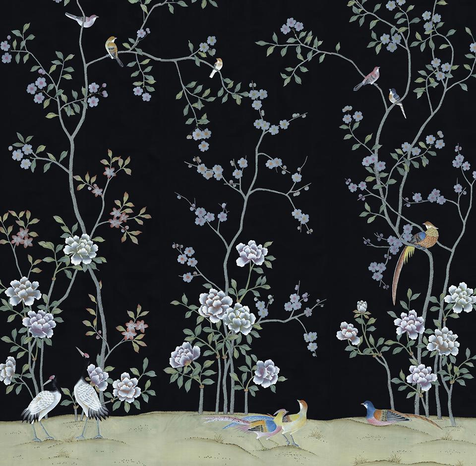 Américain Murale chinoiserie noire de Kew Garden