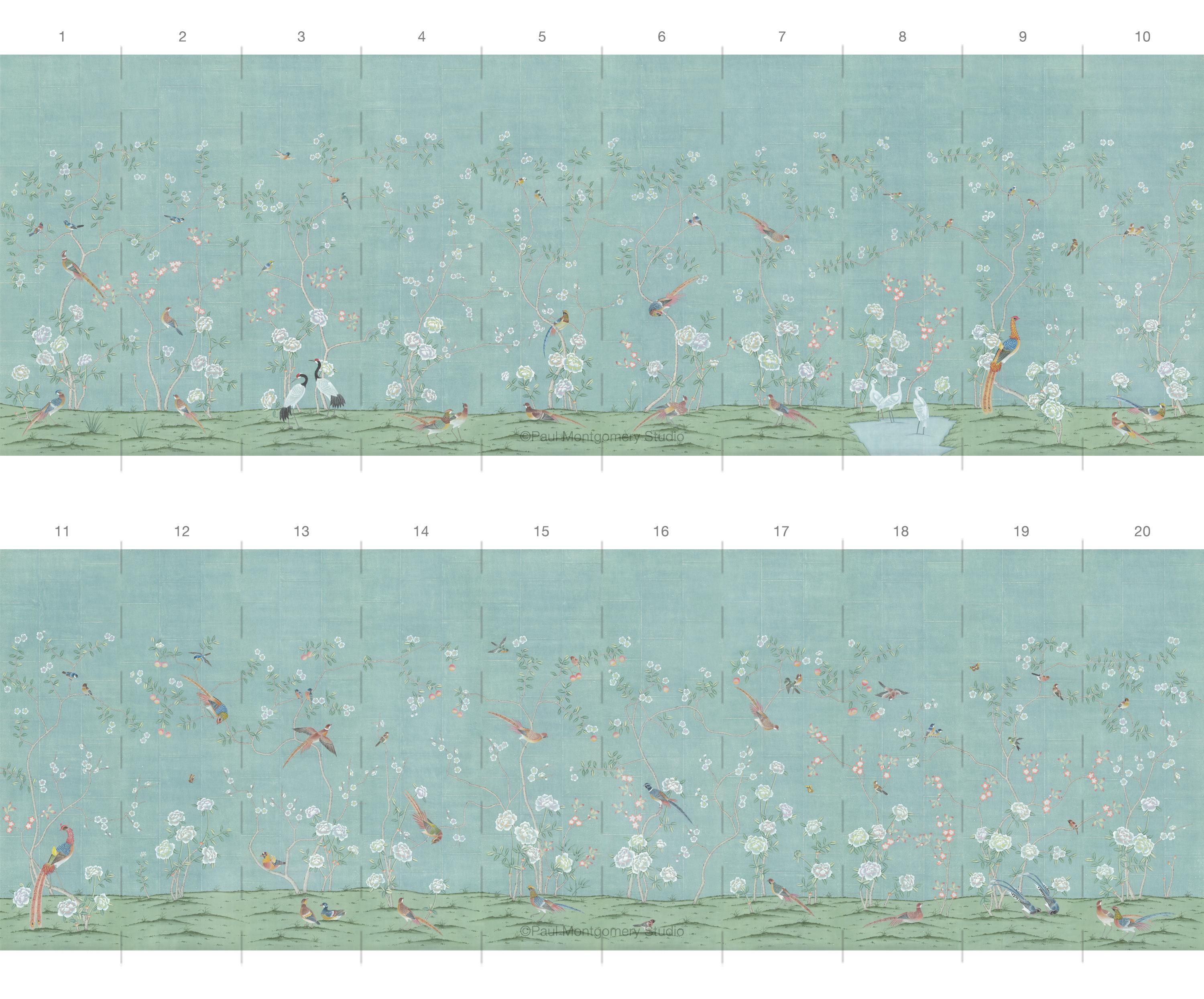 Kew Garden Green Chinoiserie Wallpaper Mural ist eine Kollektion von zwanzig Paneelen, die sich für die Installation in jeder Wohnung mit Standardgröße eignet.  Jede einzelne Tafel ist sechsunddreißig Zentimeter breit und einhundertzwanzig