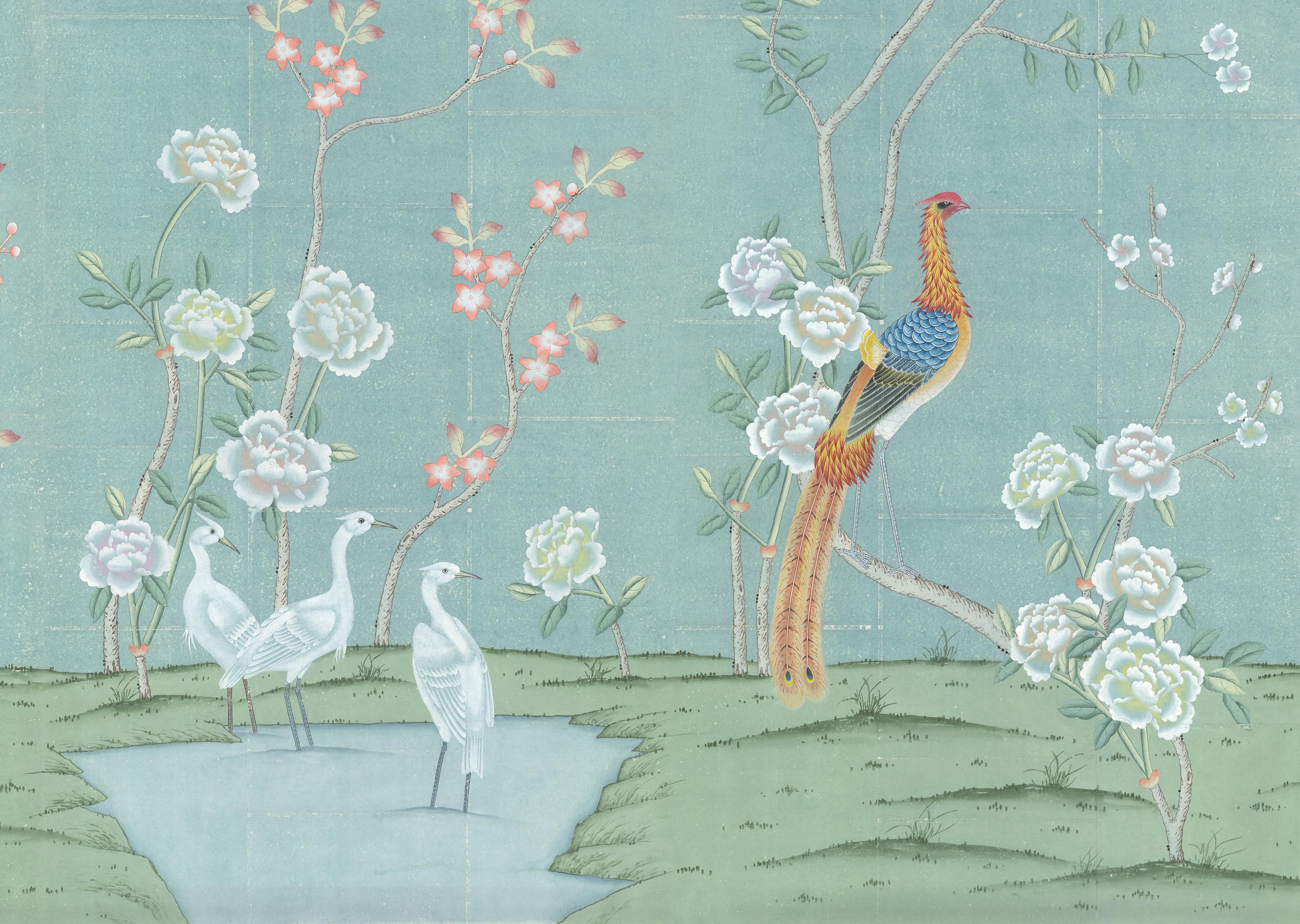 Hand-Painted Kew Garden Green Chinoiserie Wallpaper Mural For Sale