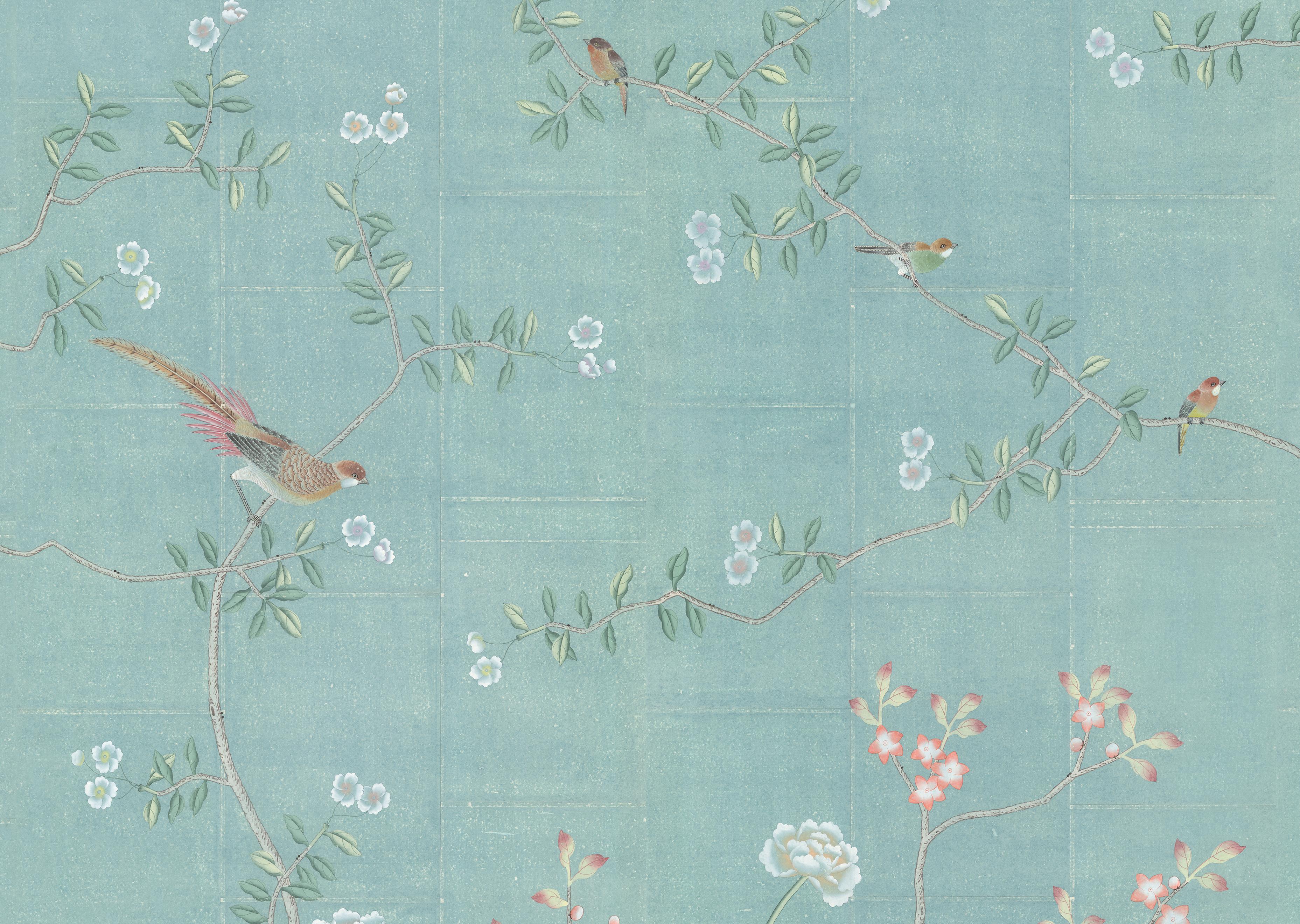 Hand-Painted Kew Garden Green Chinoiserie Wallpaper Mural For Sale