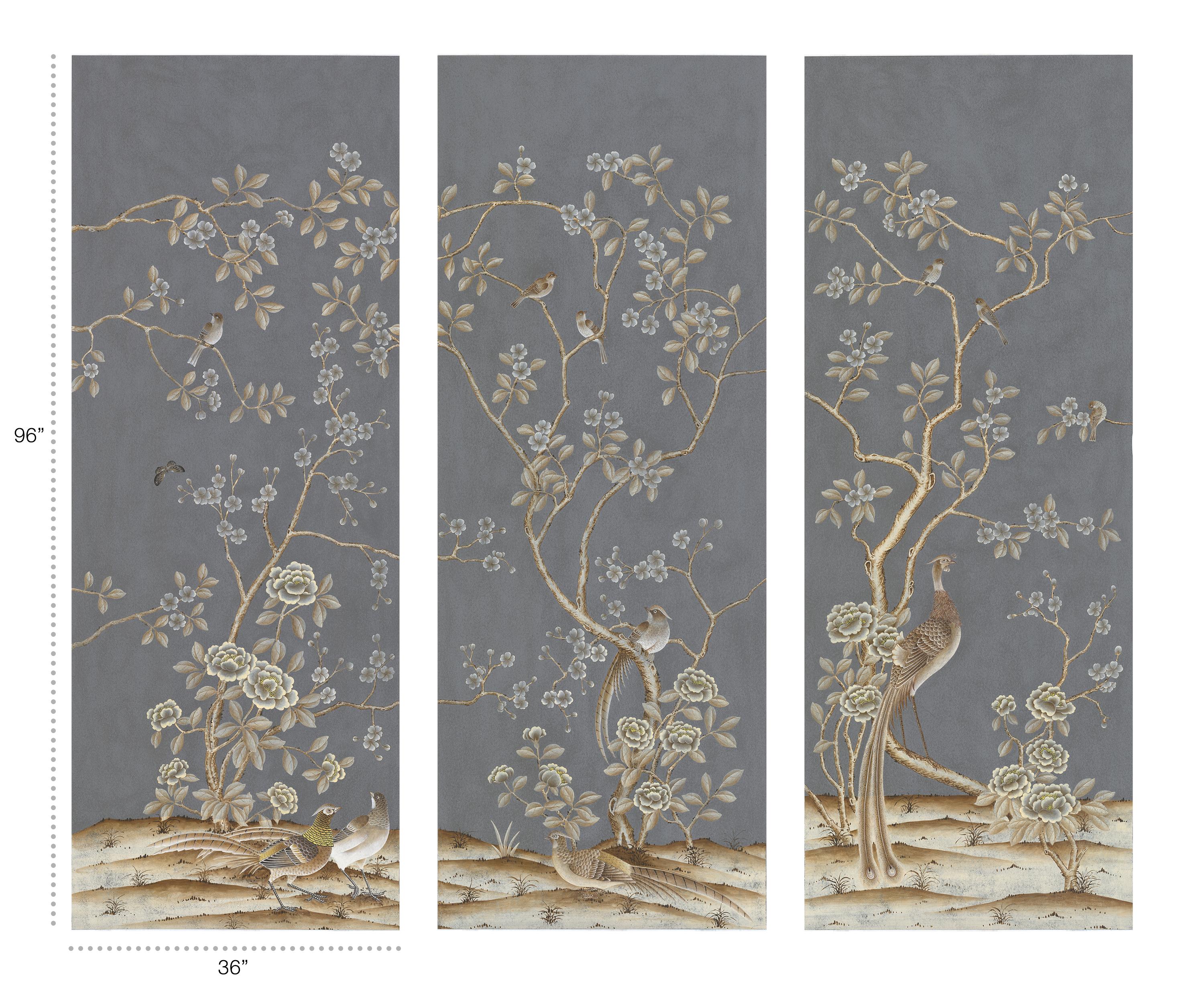 Kew Garden Pewter Triptych is a set of three wallpaper panels suitable for framing, or wall installation with moulding or frame.  These three panels are consecutive from one to two, but not two to three.  These panels are hand painted in warm earthy