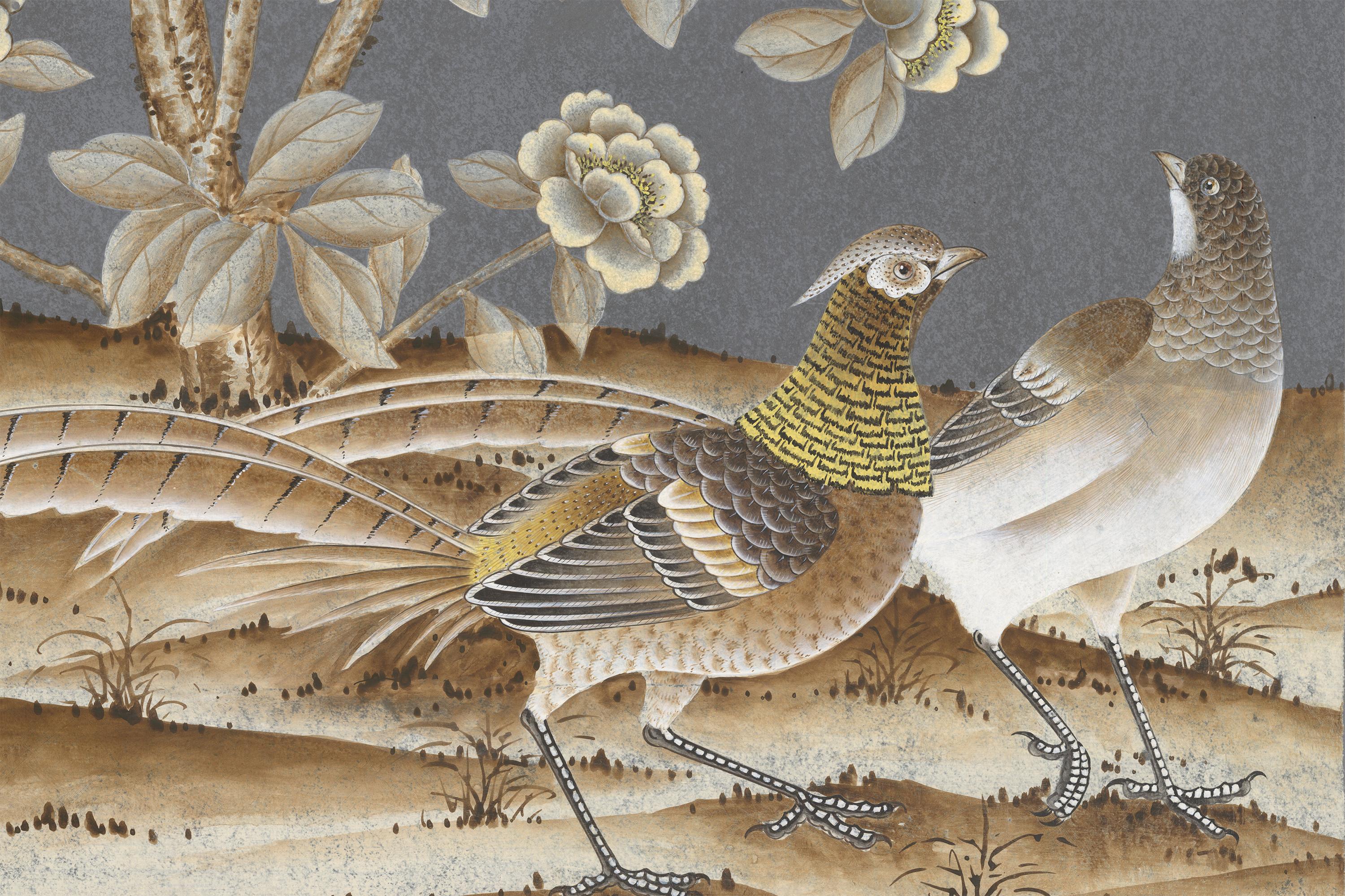 Chinoiserie Kew Garden Pewter Triptych Wallpaper Panels For Sale