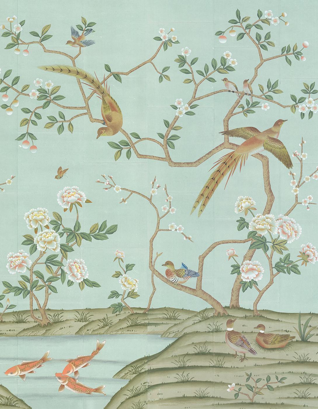 Kew Garden Triptych is a set of three panels hand painted on pieced paper in the ancient chinoiserie style. Each panel is 3 feet wide by 7 feet tall. The full mural is 7 by 9 feet. This mural is distressed and has minor touch ups applied to