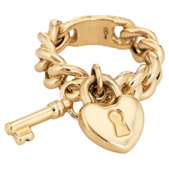 Key Heart Charm Ring Vintage 14k Yellow Gold Curb Link Band Fine Jewelry