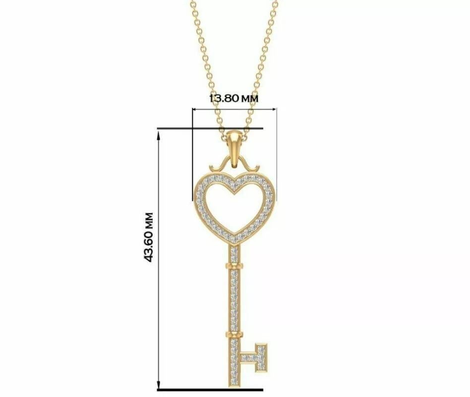 Round Cut Key Heart Diamond Pendant Necklace in 14k Solid Gold Gold For Sale