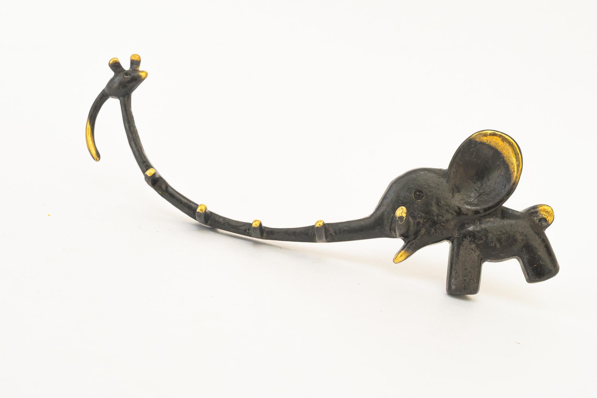 Brass key holder sculpture elephant by walter bosser for wall vienna around 1950s For Sale