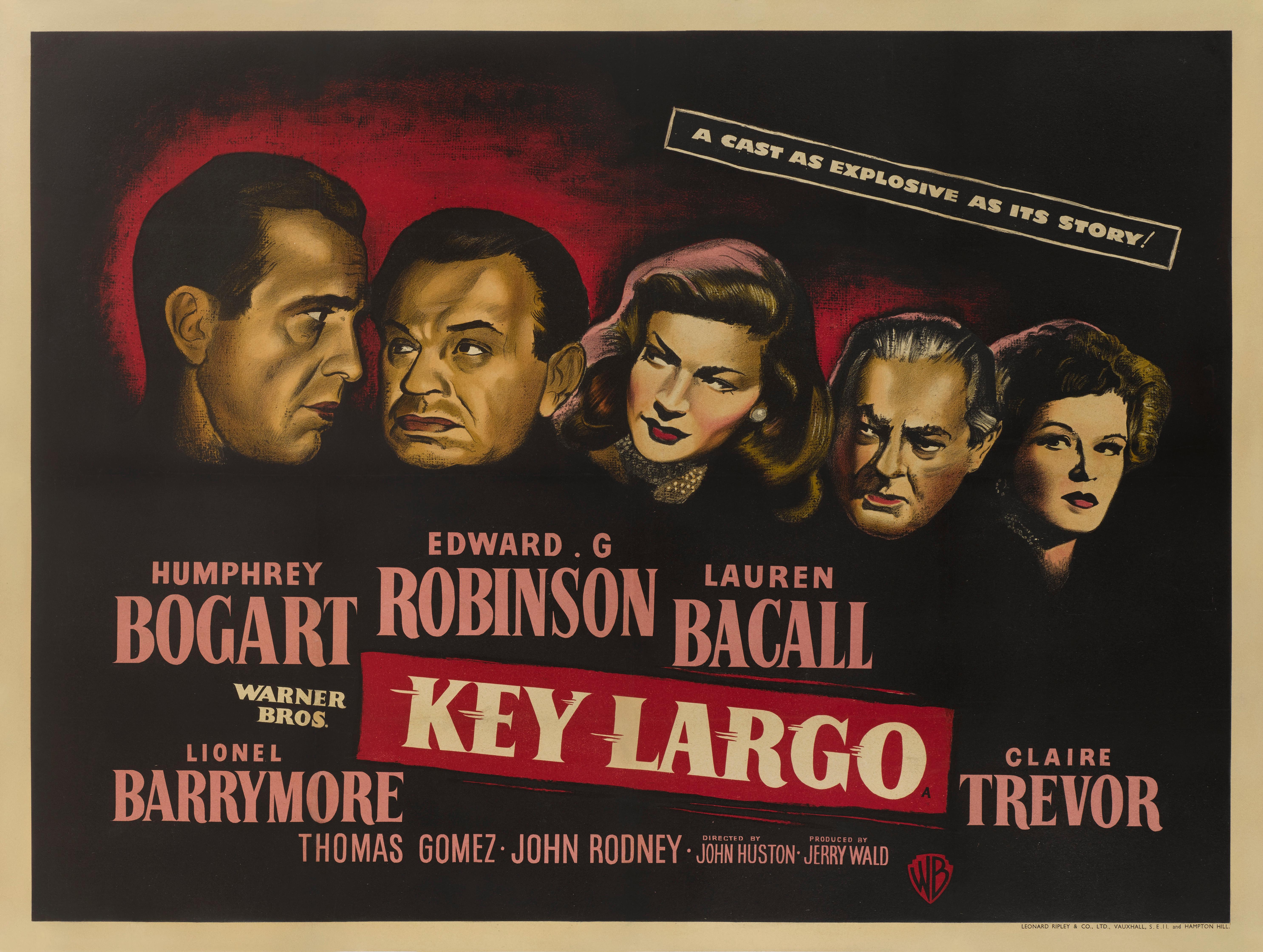 Original British film poster.
This American film noir crime drama was directed by John Huston, and stars Humphrey Bogart, Edward G. Robinson and Lauren Bacall. It was the fourth and final film pairing of Bogart and Bacall. Edward G. Robinson gives
