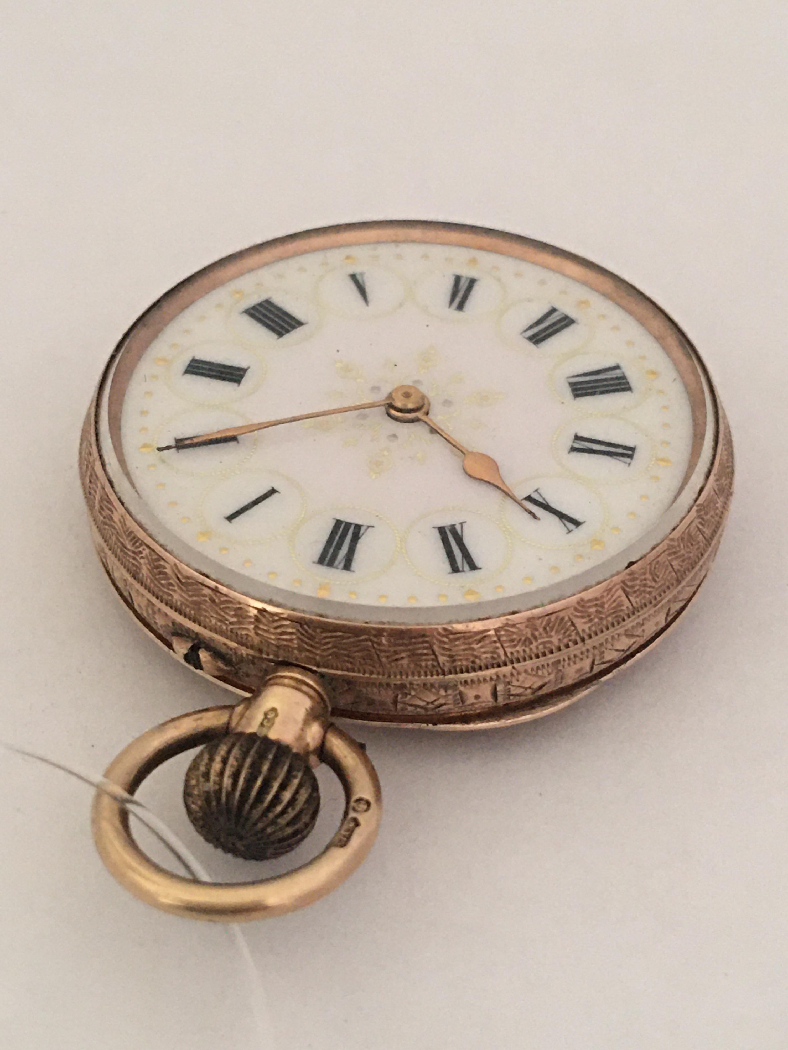 This Beautifully engraved gold case of Victorian period ladies fob watch is in good working condition and it is ticking well. With its gold inlaid enamel dial.  
Watch size is 34mm Diameter.

Please study the images carefully as form part of the