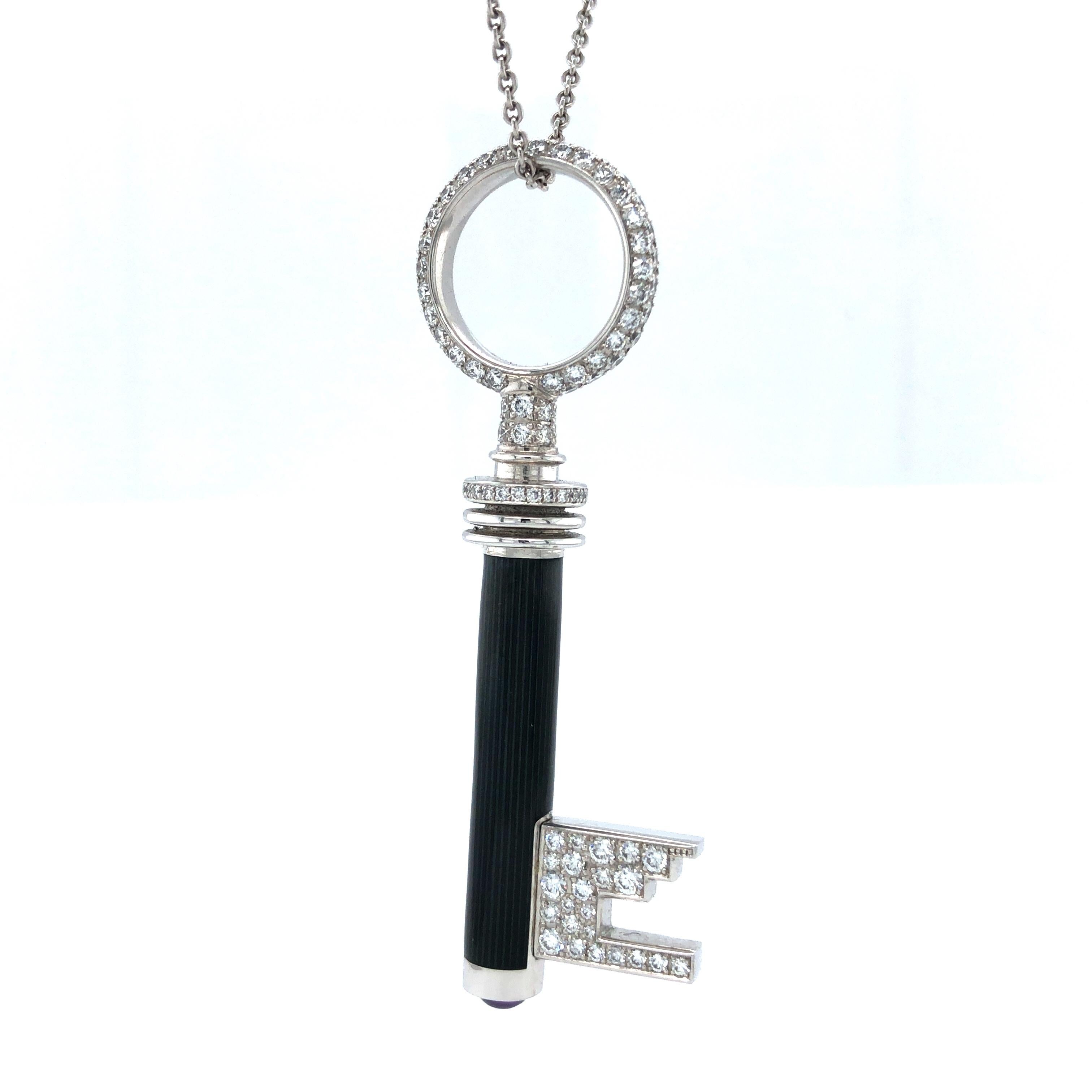 Victor Mayer key pendant 18k white gold, falcon grey vitreous enamel, 162 diamonds, total 1.90 ct, G VS brilliant cut, Amethyst

About the creator Victor Mayer
Victor Mayer is internationally renowned for elegant timeless designs and unrivalled
