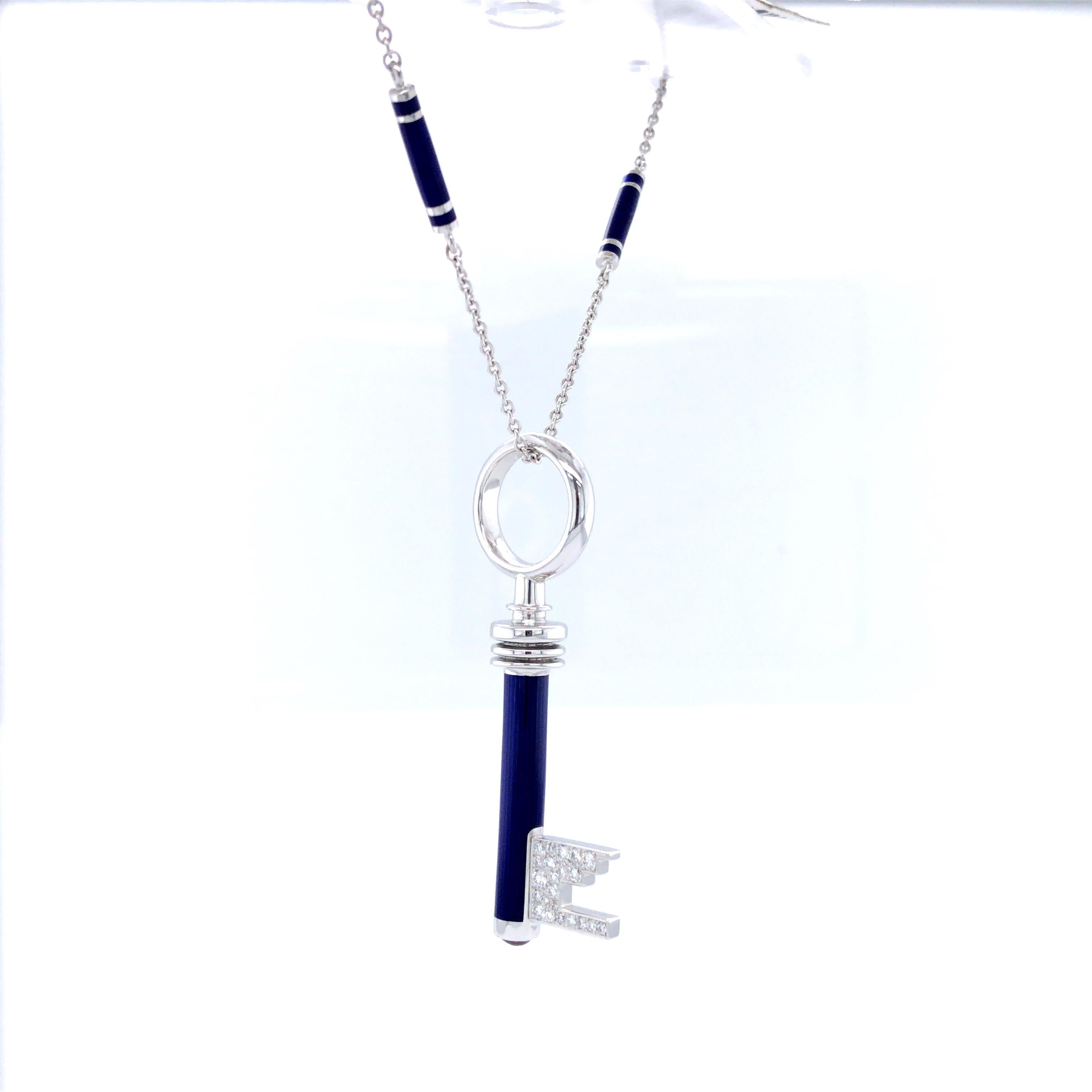 Contemporary Key Pendant Necklace 18k White Gold Blue Enamel 44 Diamonds 0.36ct GVS Rubellite For Sale