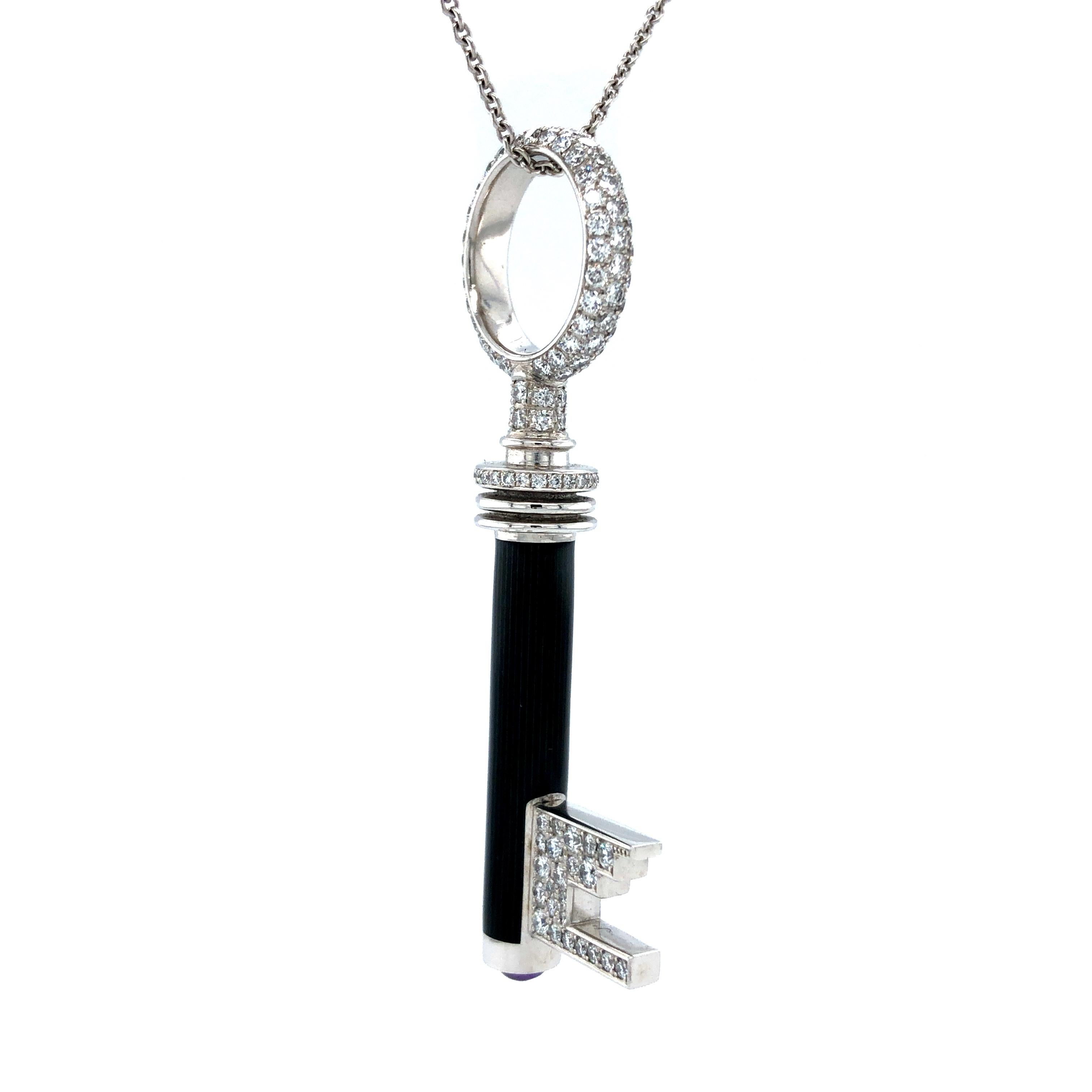 Art Deco Key Pendant Necklace 18k White Gold Grey Enamel 162 Diamonds 1.90 Ct Amethyst For Sale