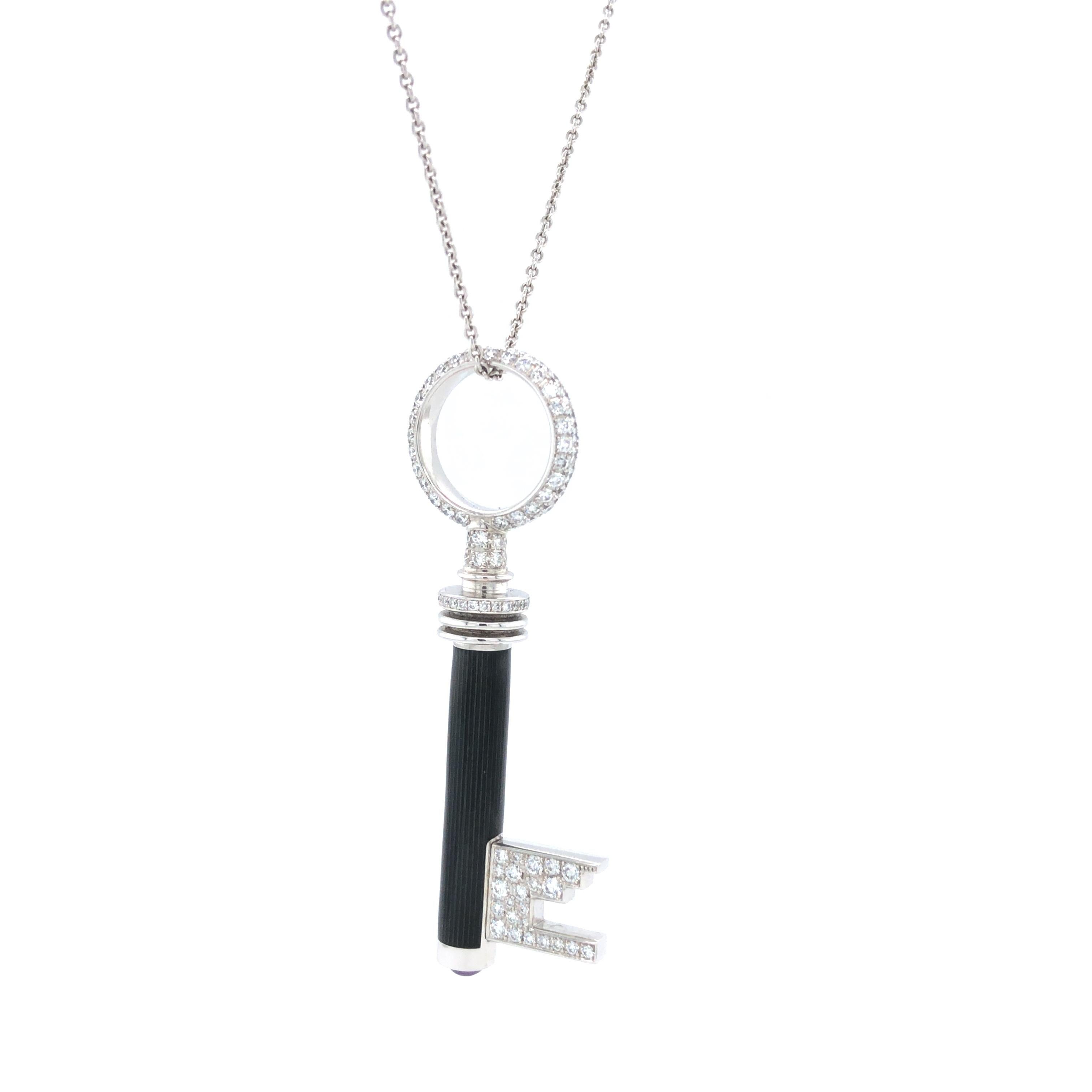 Brilliant Cut Key Pendant Necklace 18k White Gold Grey Enamel 162 Diamonds 1.90 Ct Amethyst For Sale