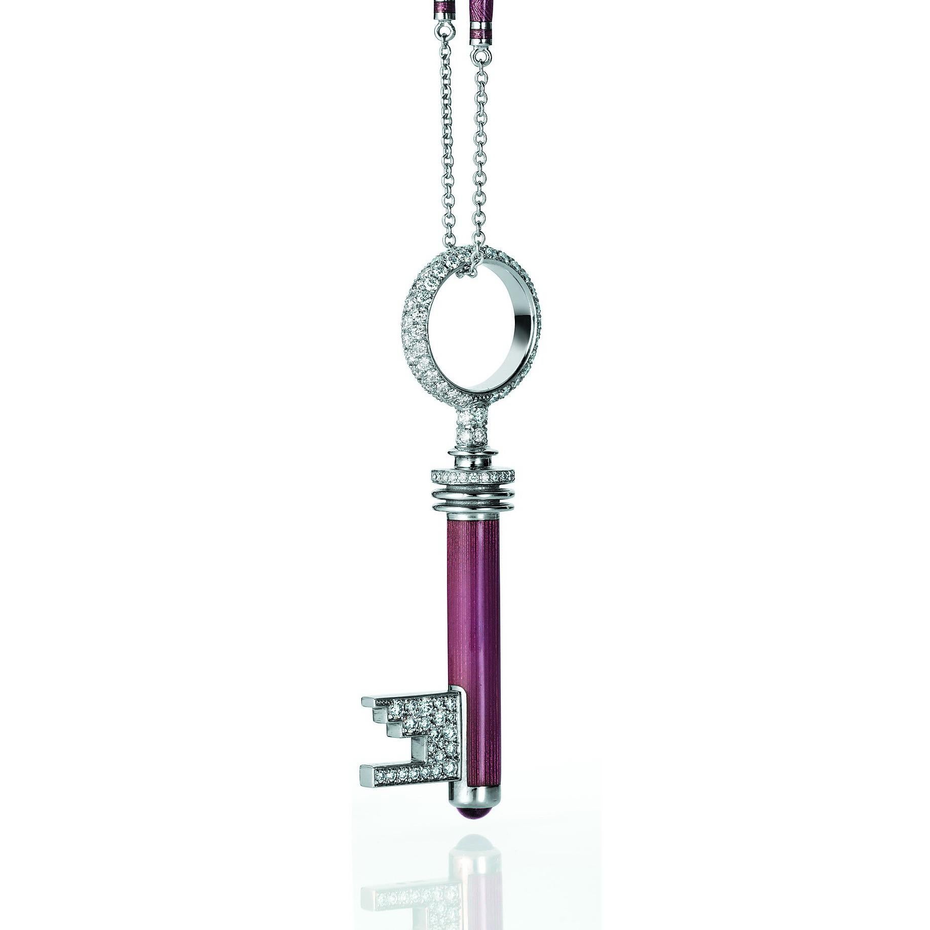 Victor Mayer key pendant necklace 18k white gold, pink vitreous enamel, 162 diamonds, total 1.90 ct, G VS brilliant cut, amethyst cabichon, modelled after an original safe key from VICTOR MAYER from the 1920ies.  

About the creator Victor