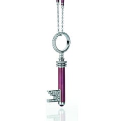Key Pendant Necklace 18k White Gold Pink Enamel 162 Diamonds 1.90ct Amethyst