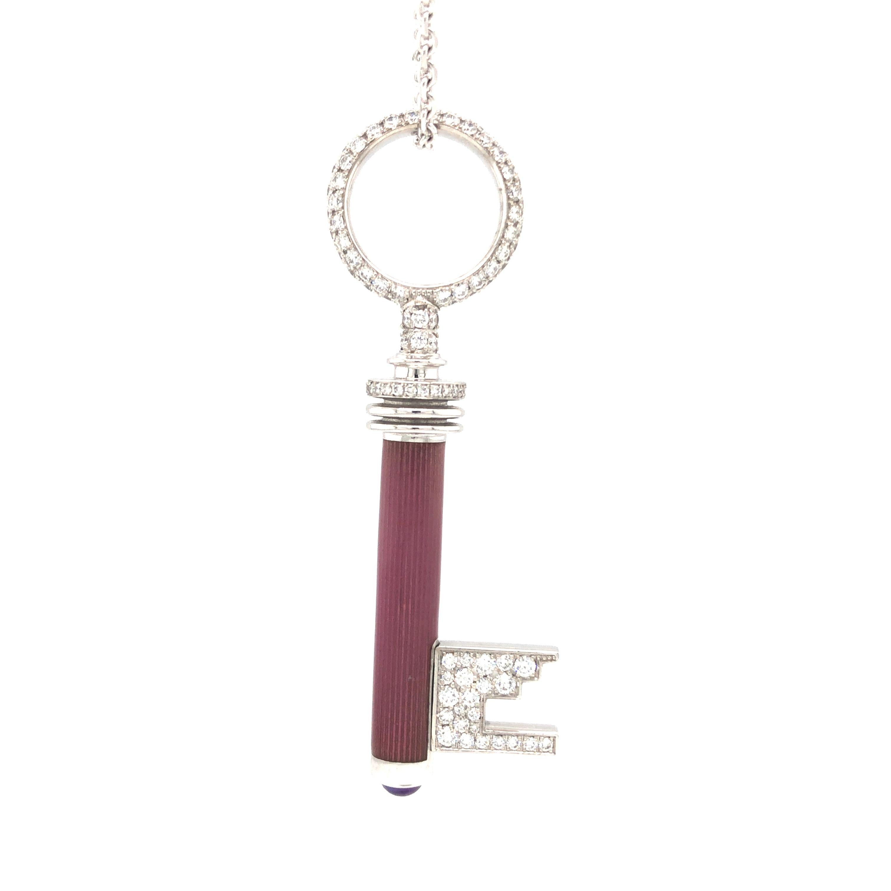 Art Deco Key Pendant Necklace 18k White Gold Pink Enamel 162 Diamonds 1.90ct Amethyst For Sale
