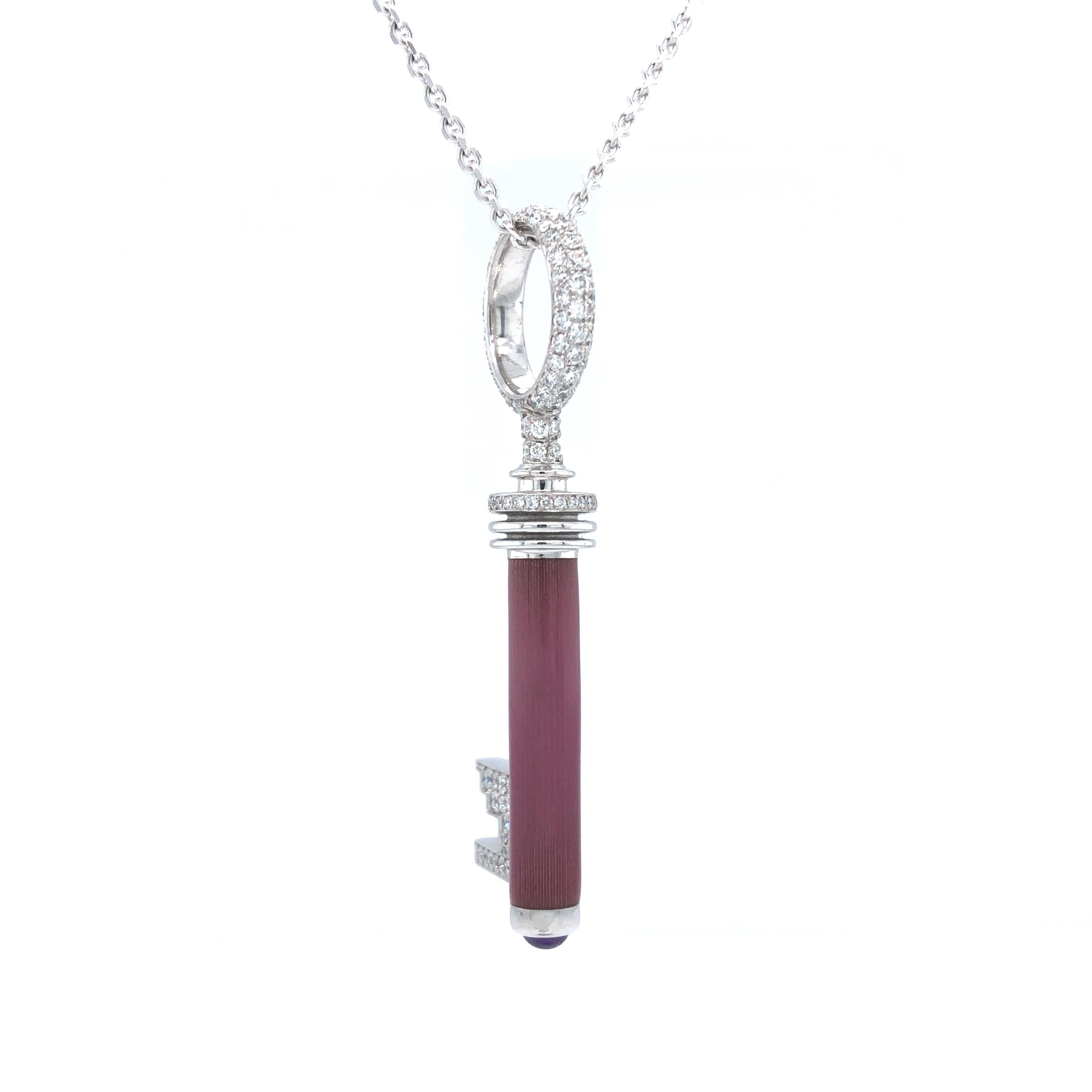 Key Pendant Necklace 18k White Gold Pink Enamel 162 Diamonds 1.90ct Amethyst In New Condition For Sale In Pforzheim, DE