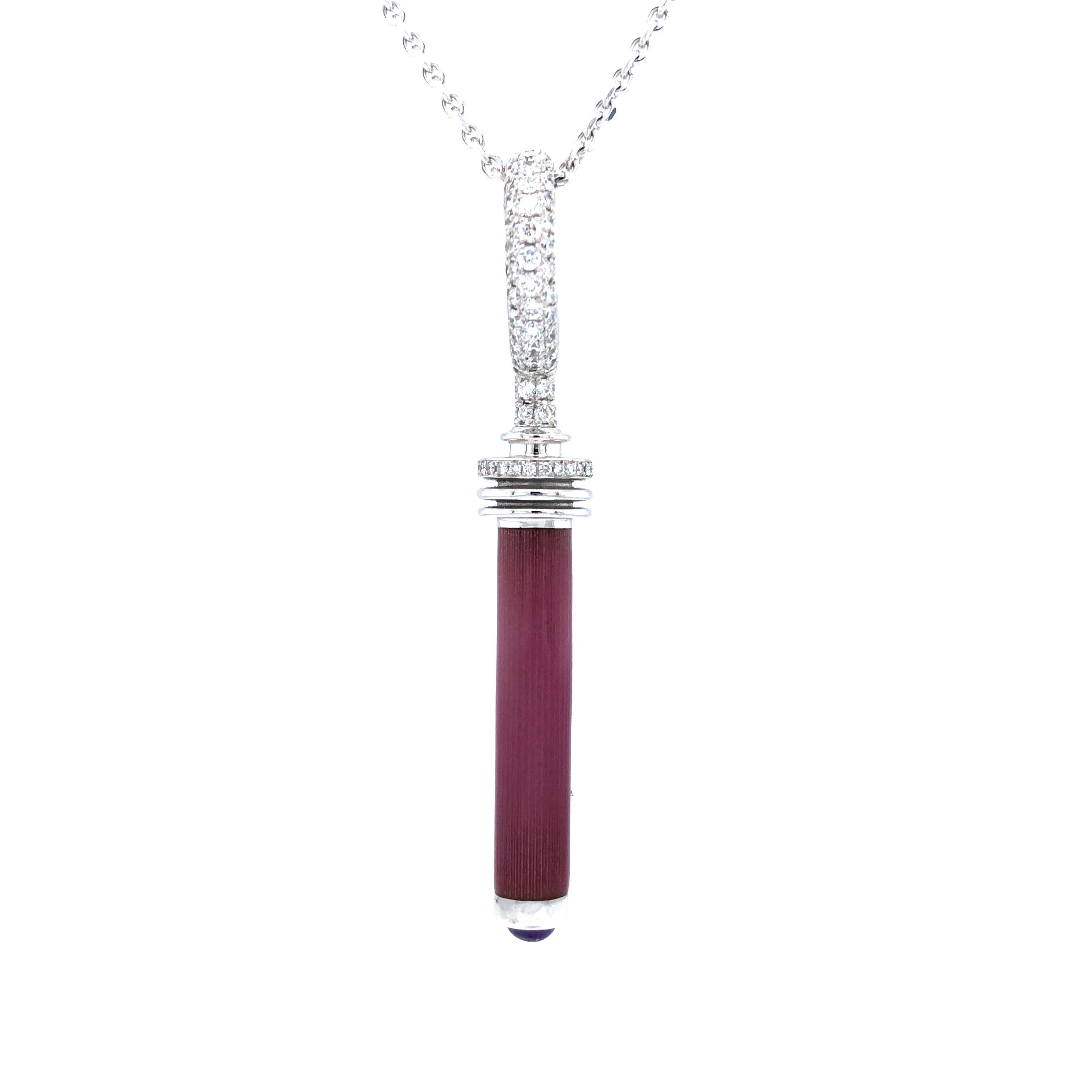 Women's Key Pendant Necklace 18k White Gold Pink Enamel 162 Diamonds 1.90ct Amethyst For Sale