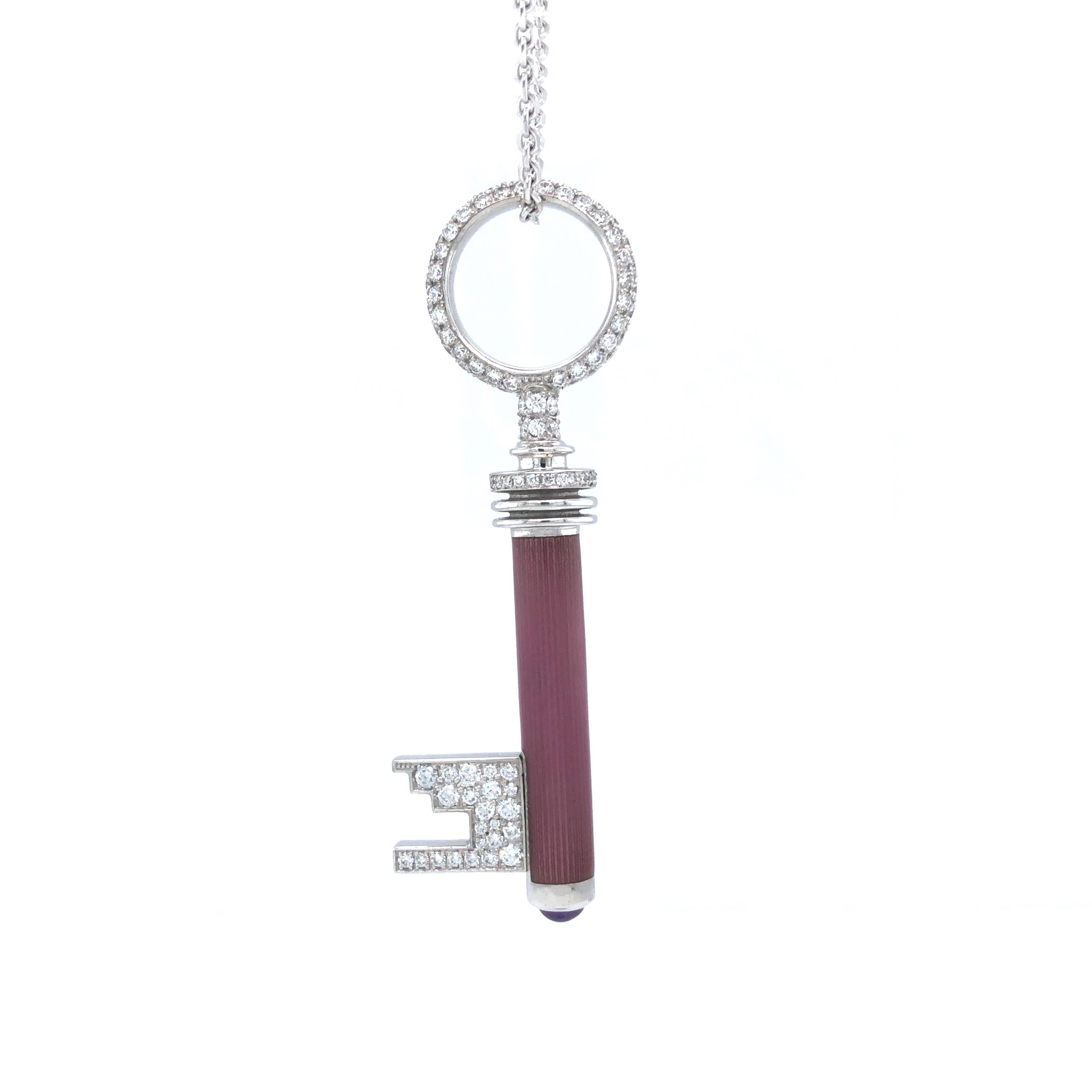 Key Pendant Necklace 18k White Gold Pink Enamel 162 Diamonds 1.90ct Amethyst For Sale 1
