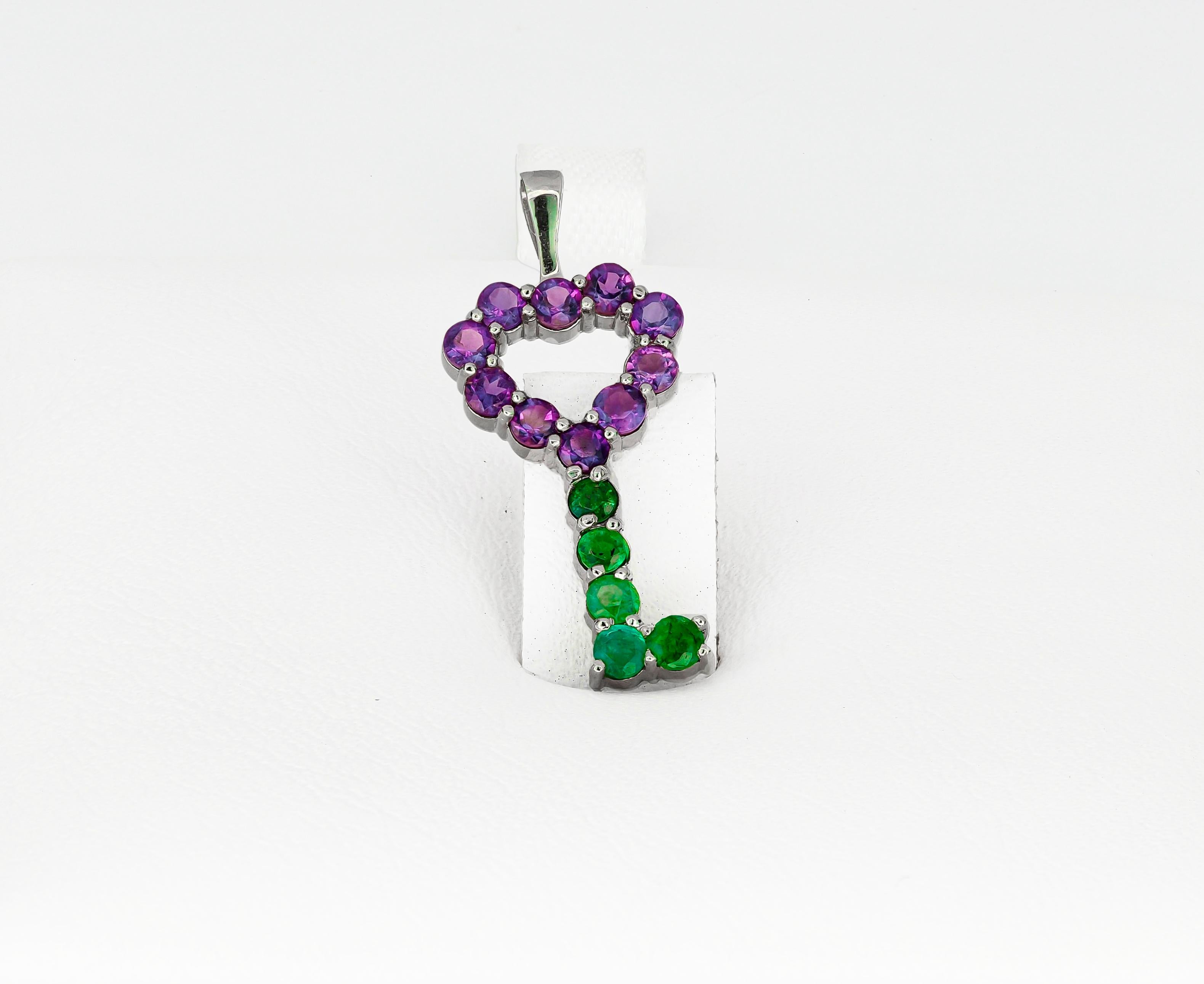 Round Cut Key pendant with Amethysts, emeralds.  For Sale