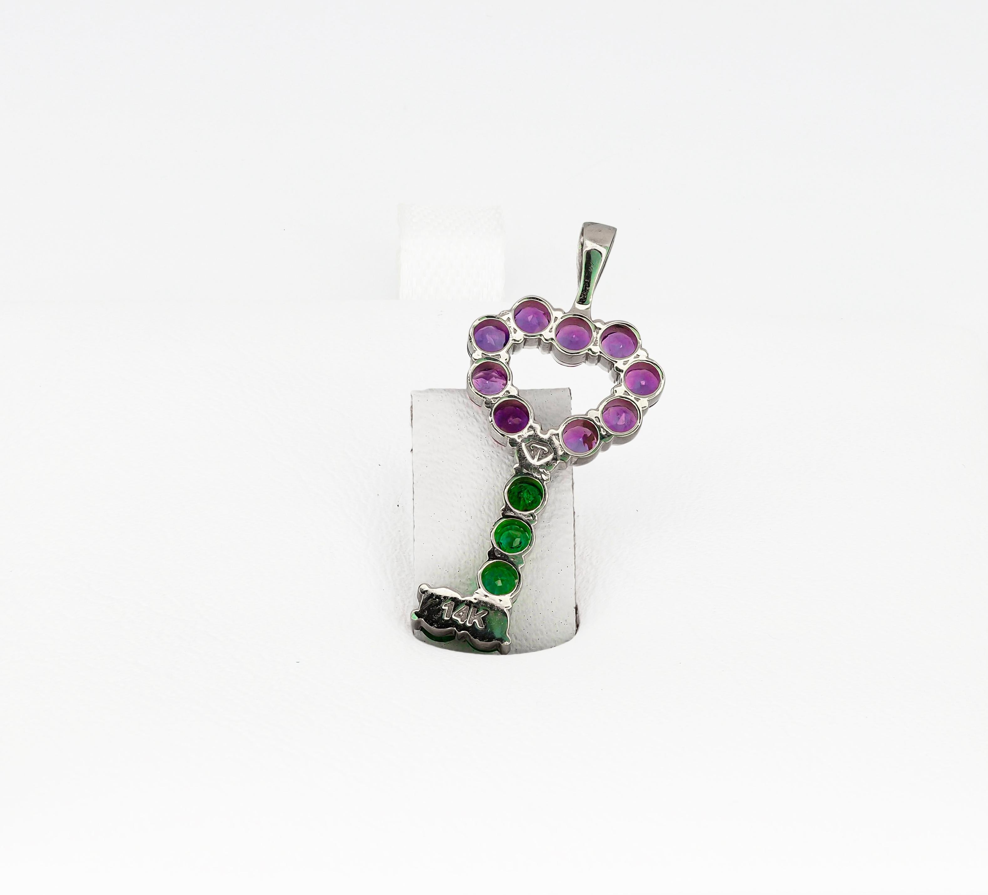 Key pendant with Amethysts, emeralds.  In New Condition For Sale In Istanbul, TR