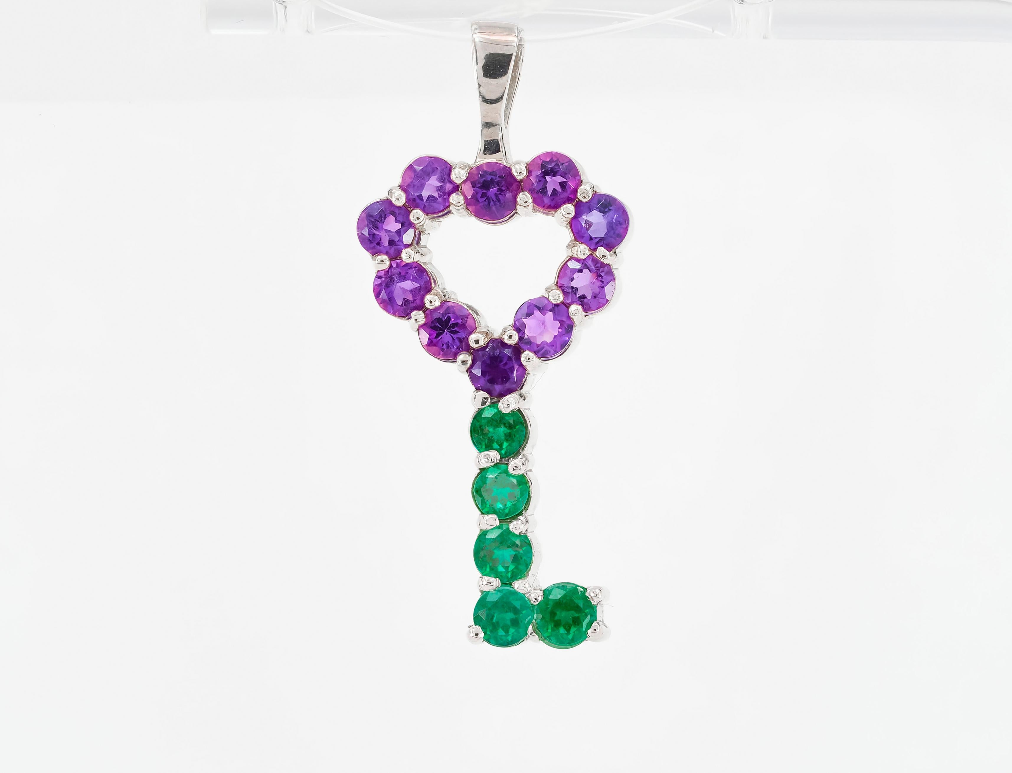 Women's Key pendant with Amethysts, emeralds.  For Sale