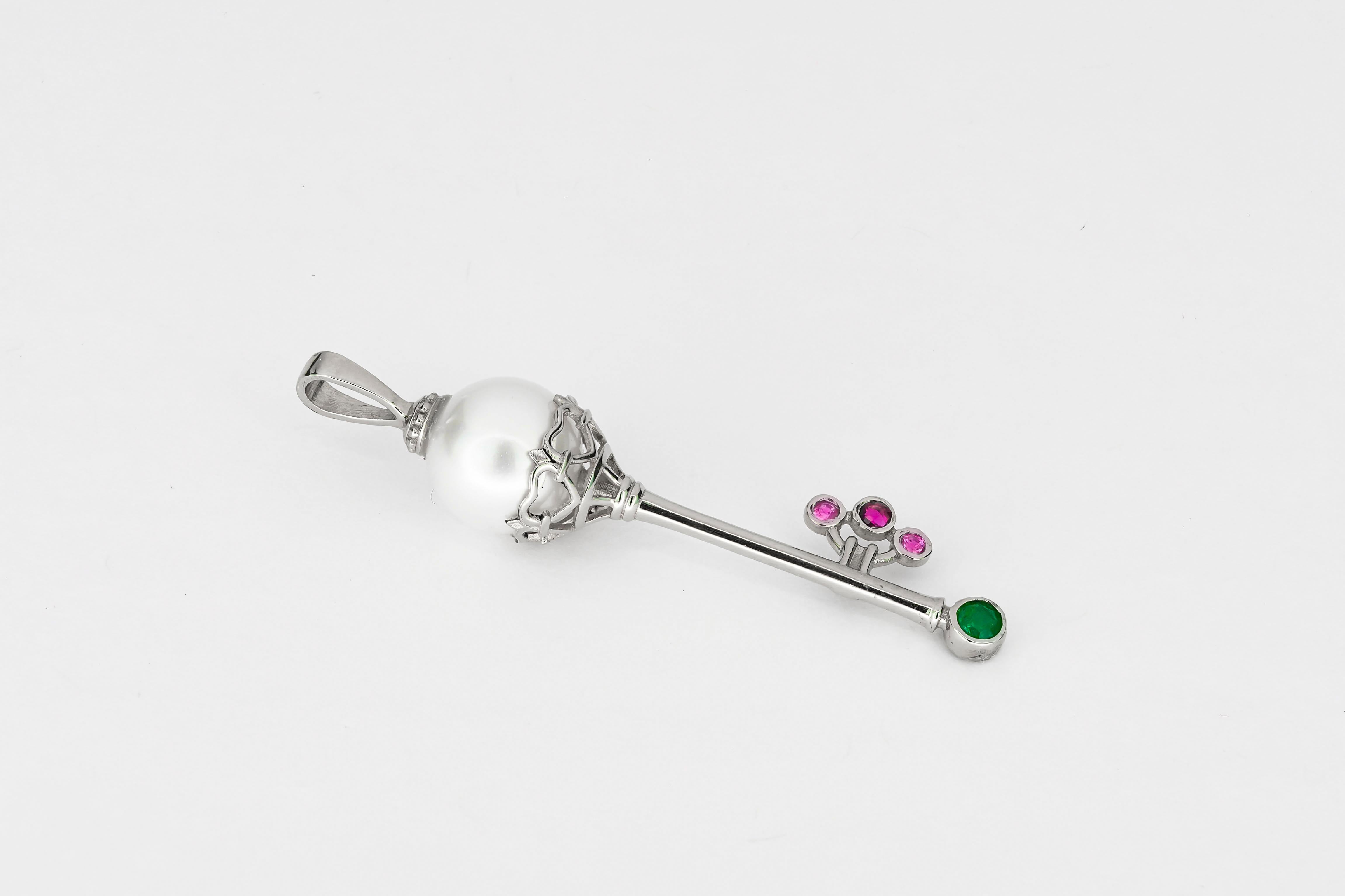 Women's Key pendant with pearl, emerald and sapphires.  For Sale